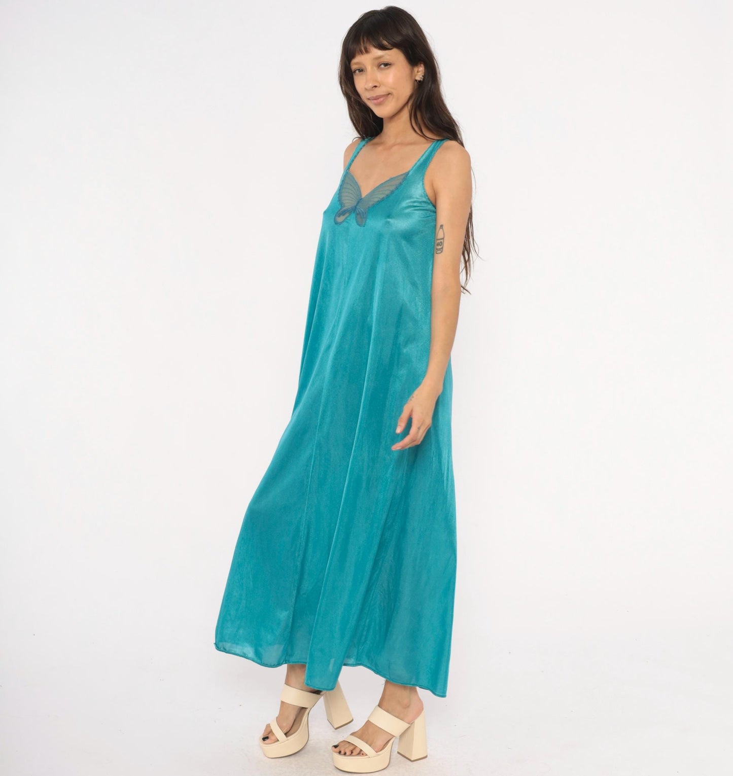 70s Undercover Wear Teal Maxi Nightgown Butterfly Mesh V-Neck Small