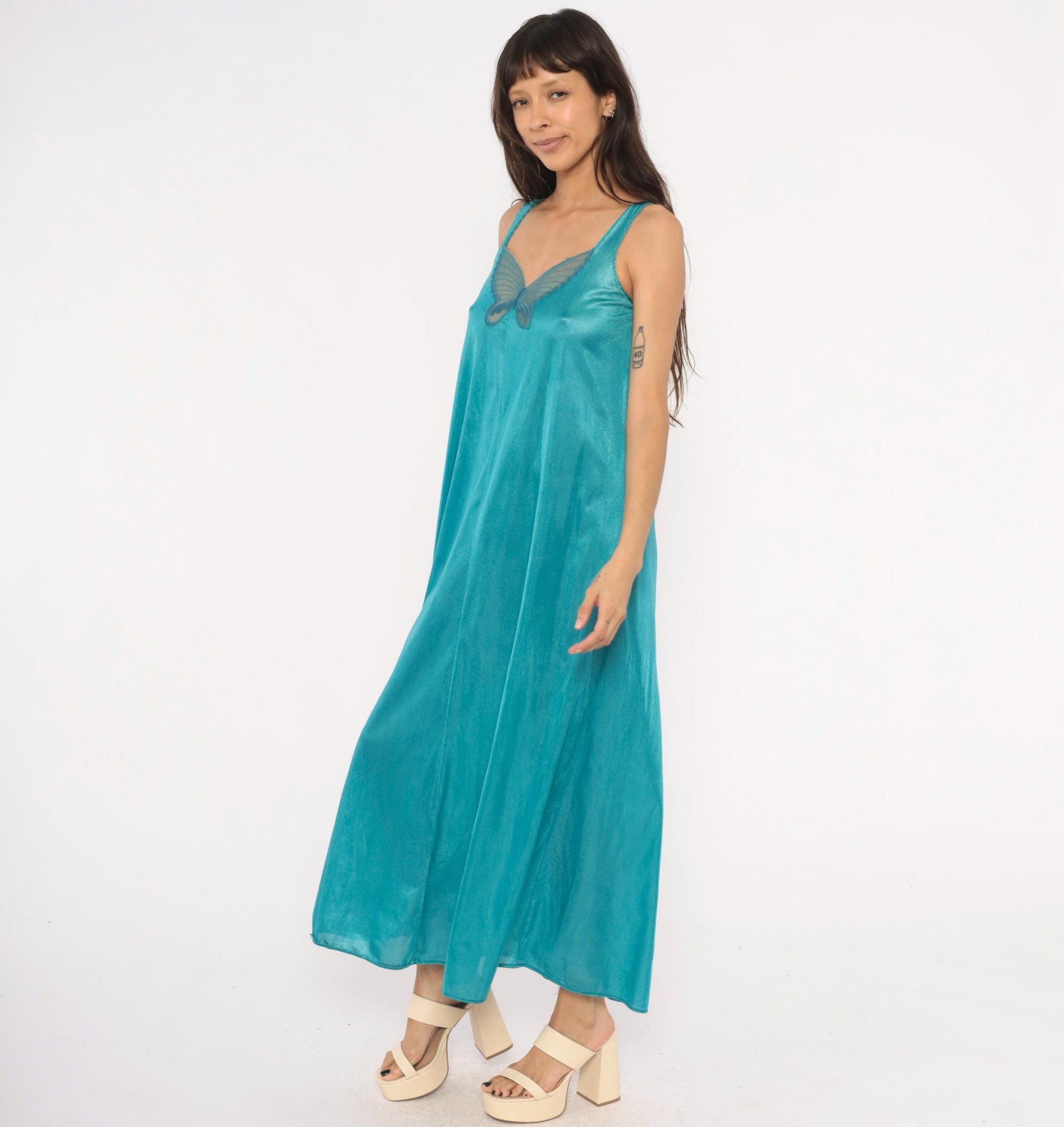 70s Undercover Wear Teal Maxi Nightgown Butterfly Mesh V-Neck Small
