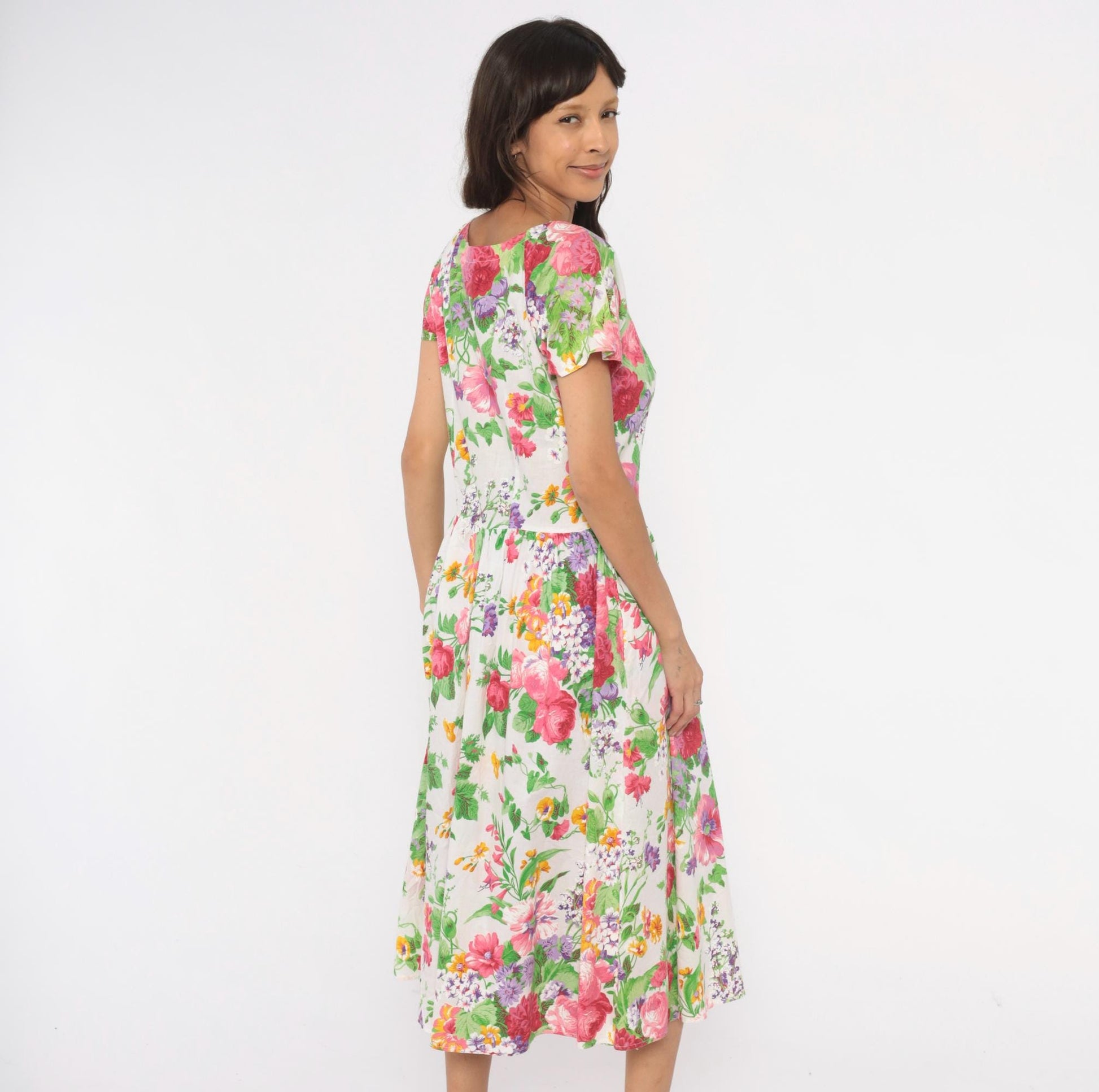 80s Dawn Joy Fashions Floral Midi Dress Cotton Pink Rose Garden Print Medium