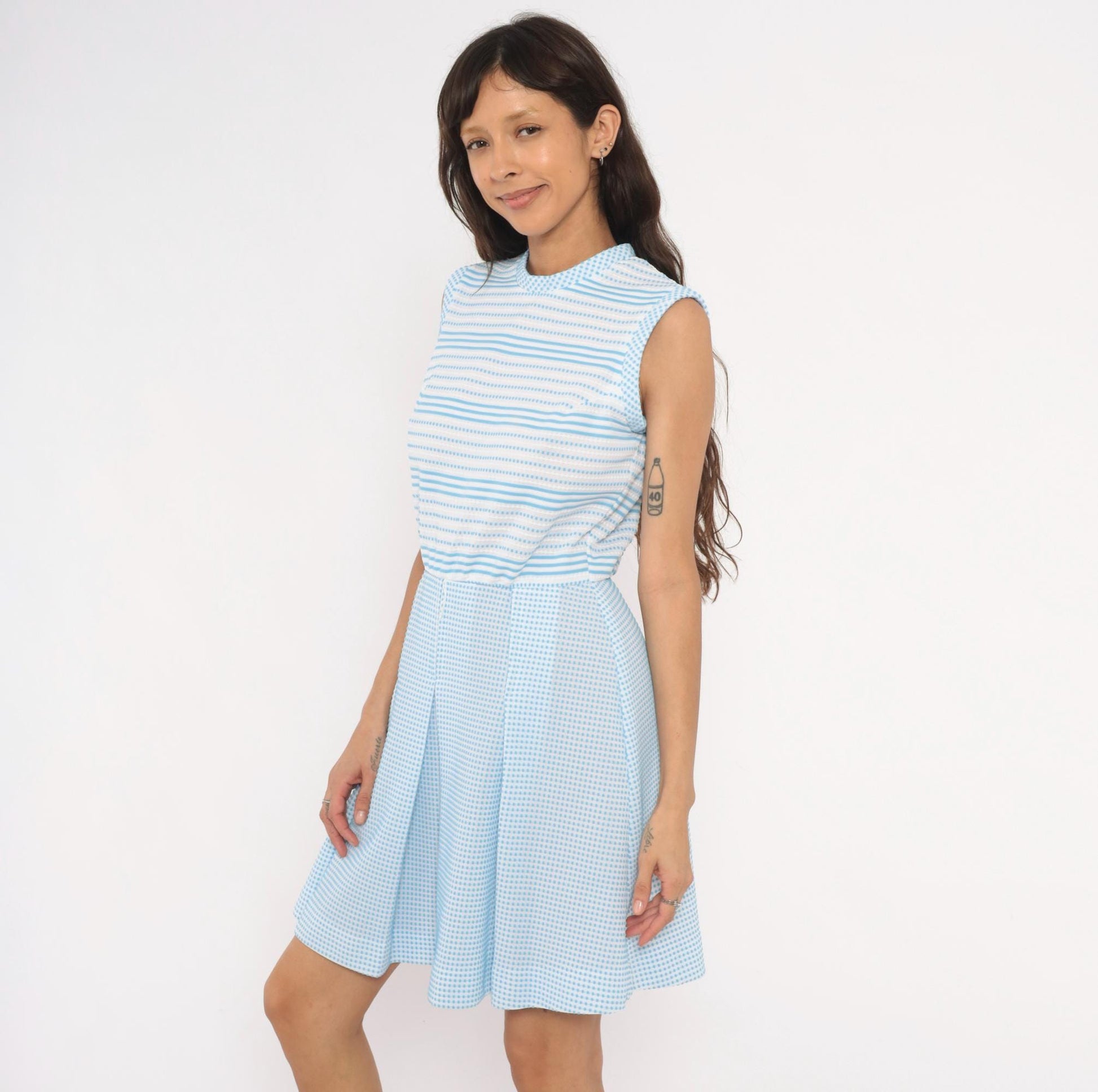 70s Vicky Vaughn Gingham Stripe Dress Sky Blue White Peter Pan Collar Medium