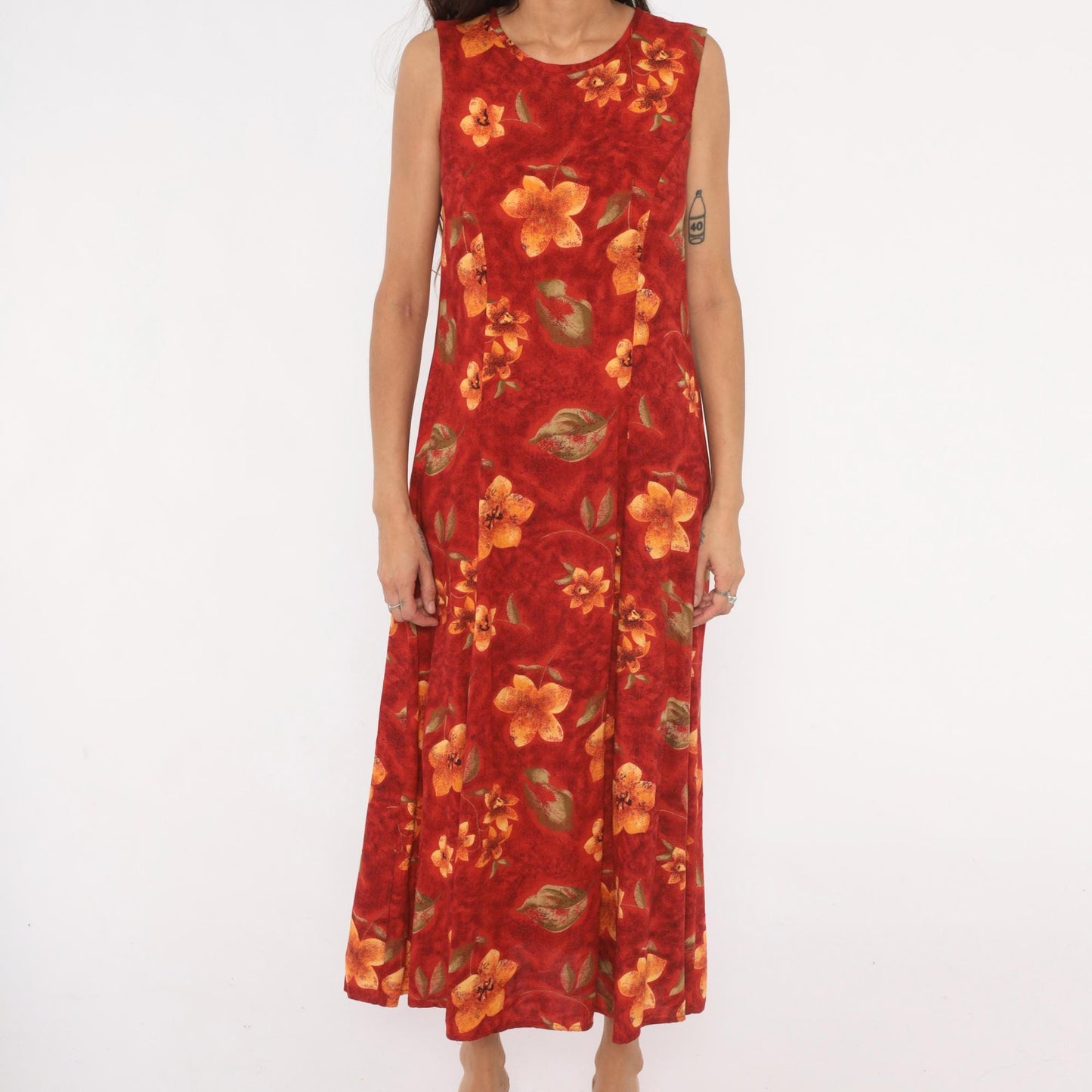 90s Olivia Rose Floral Maxi Dress Red Orange Sleeveless Keyhole Back Medium