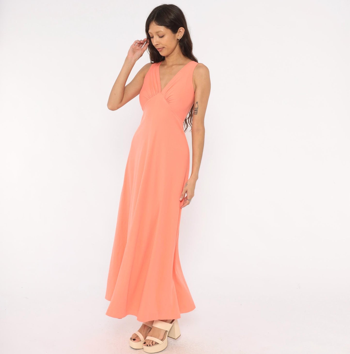 70s Coral Maxi Dress Sleeveless V Neck Empire Waist A-Line Small S