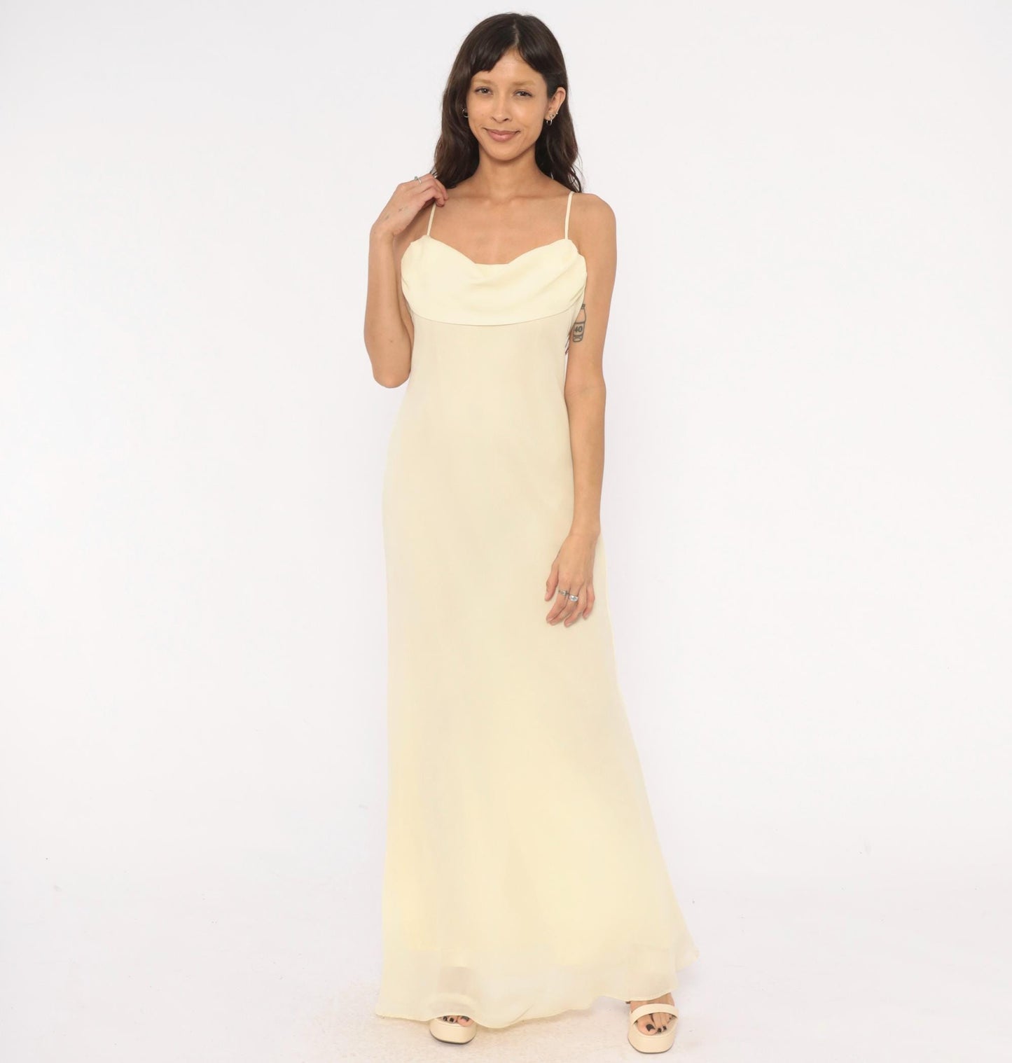 70s Jody Pale Yellow Cowl Neck Maxi Gown Spaghetti Strap Medium M