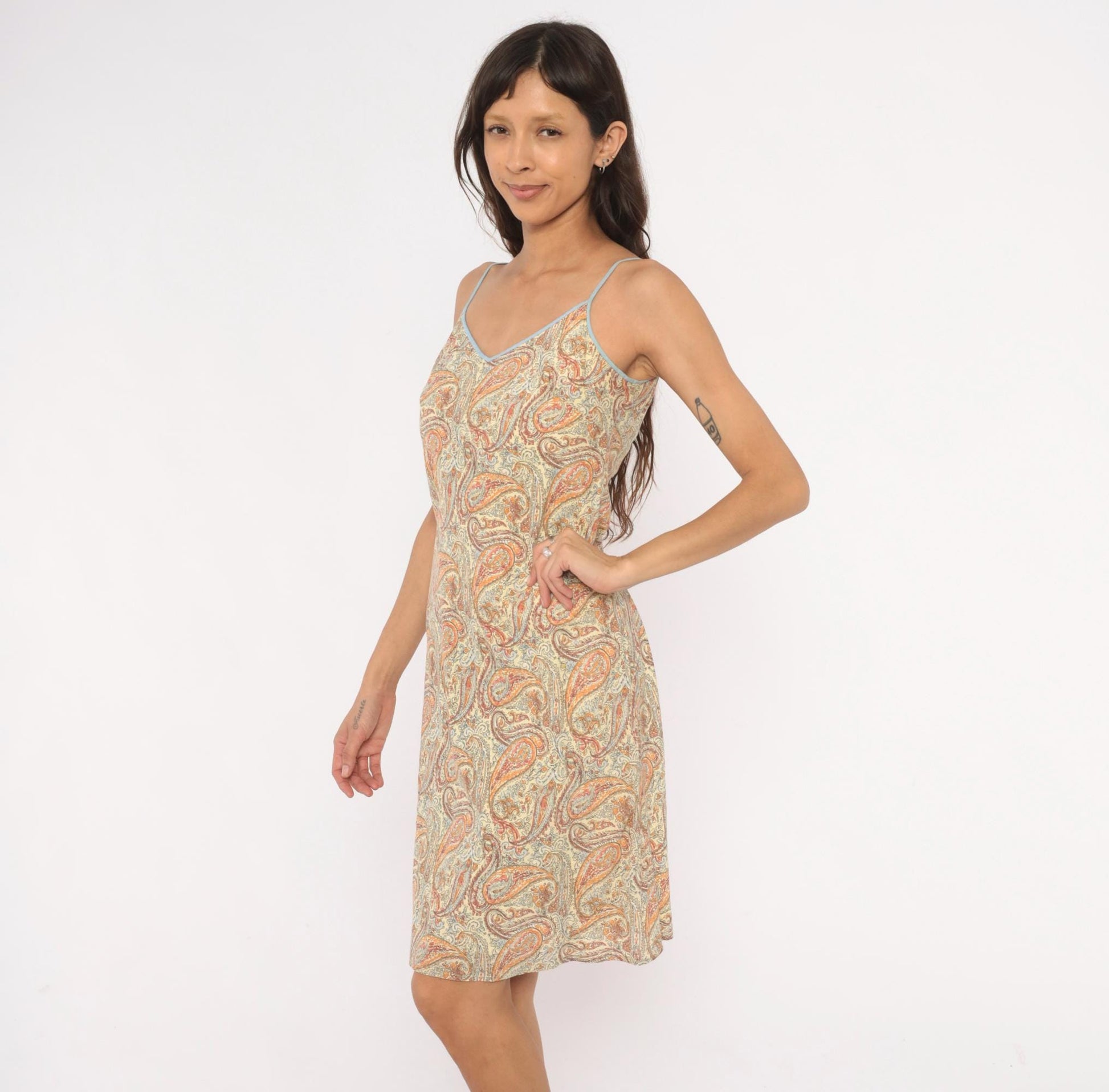 Y2K J.Crew Paisley Slip Dress Cream Orange Spaghetti Strap Knee-Length Small