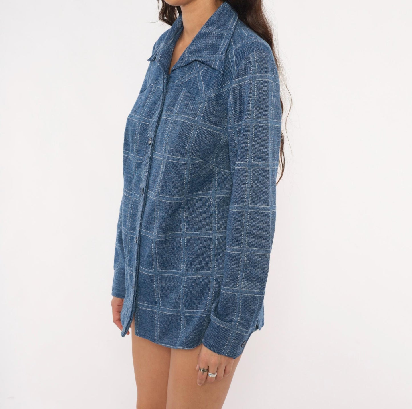 70s Sears Fashions Windowpane Plaid Shirt Navy Blue Pointed Collar Tunic Large