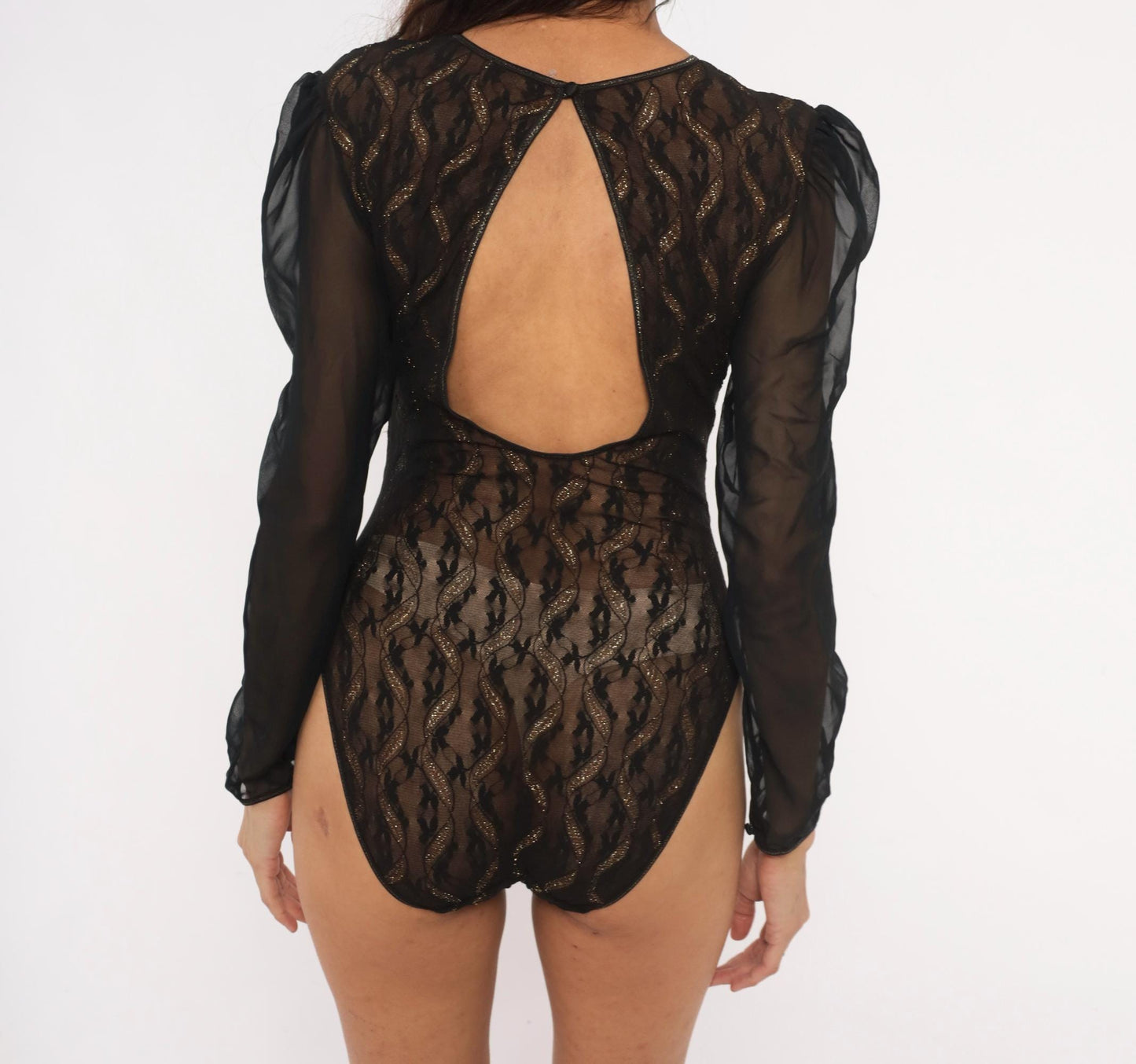 Ungaro Lingerie 90s Black Gold Lurex Lace Bodysuit Puff Sleeve Open Back Large L