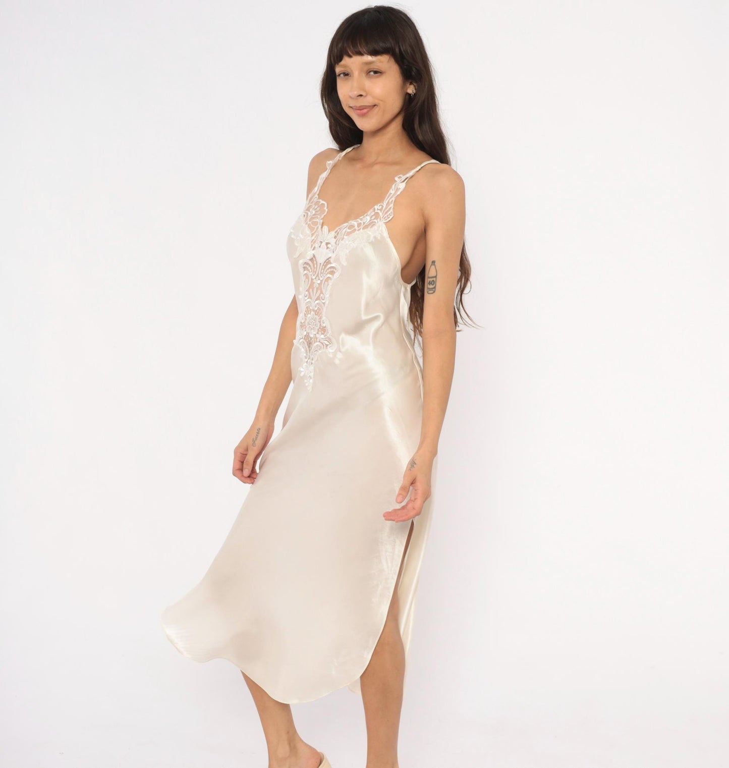 90s California Dynasty Cream Satin Slip Dress Floral Lace Cutwork Open Back Medium M