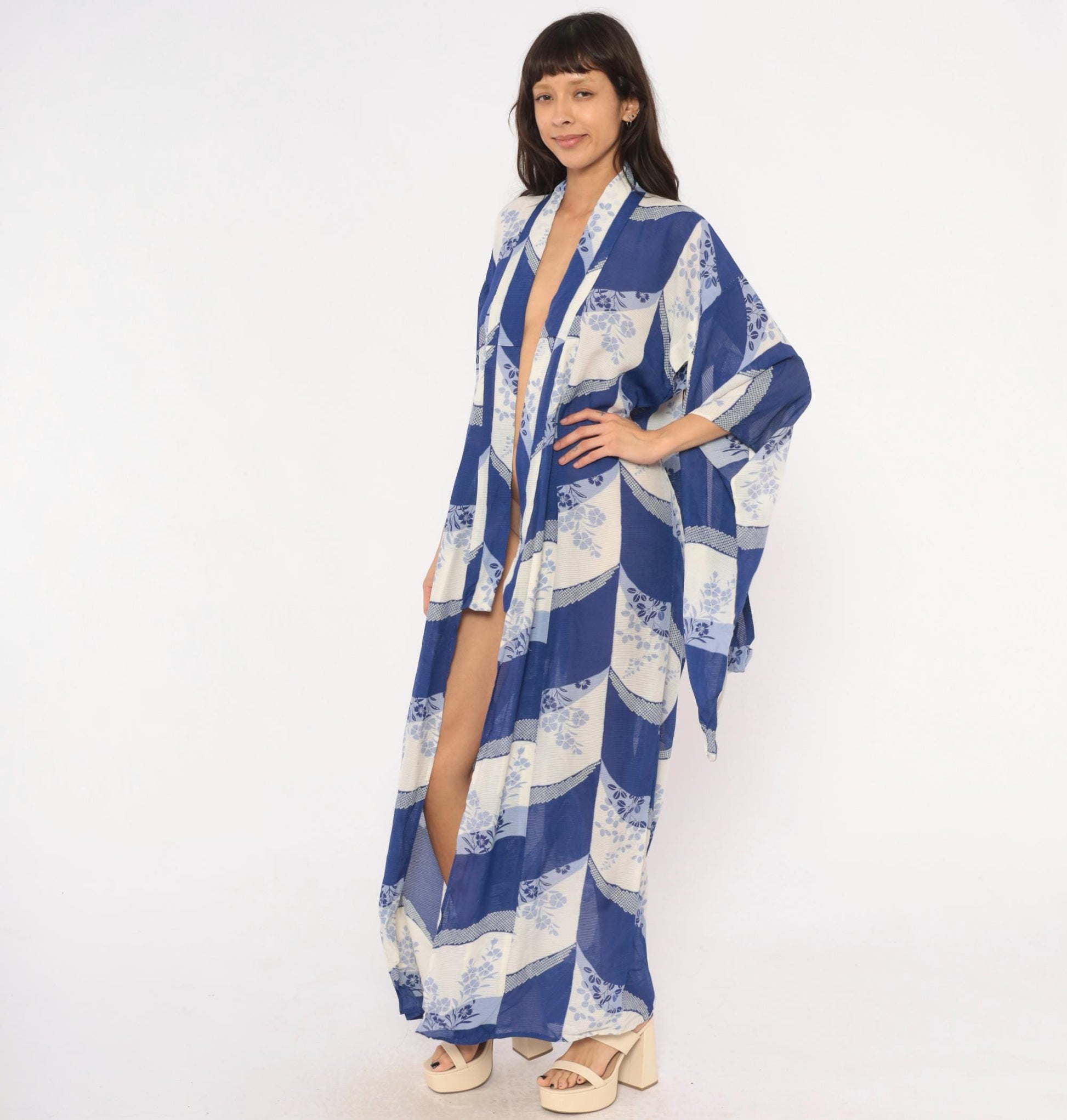 70s Japanese Kimono Robe Cobalt Blue Floral Maxi Open Front Small to Large
