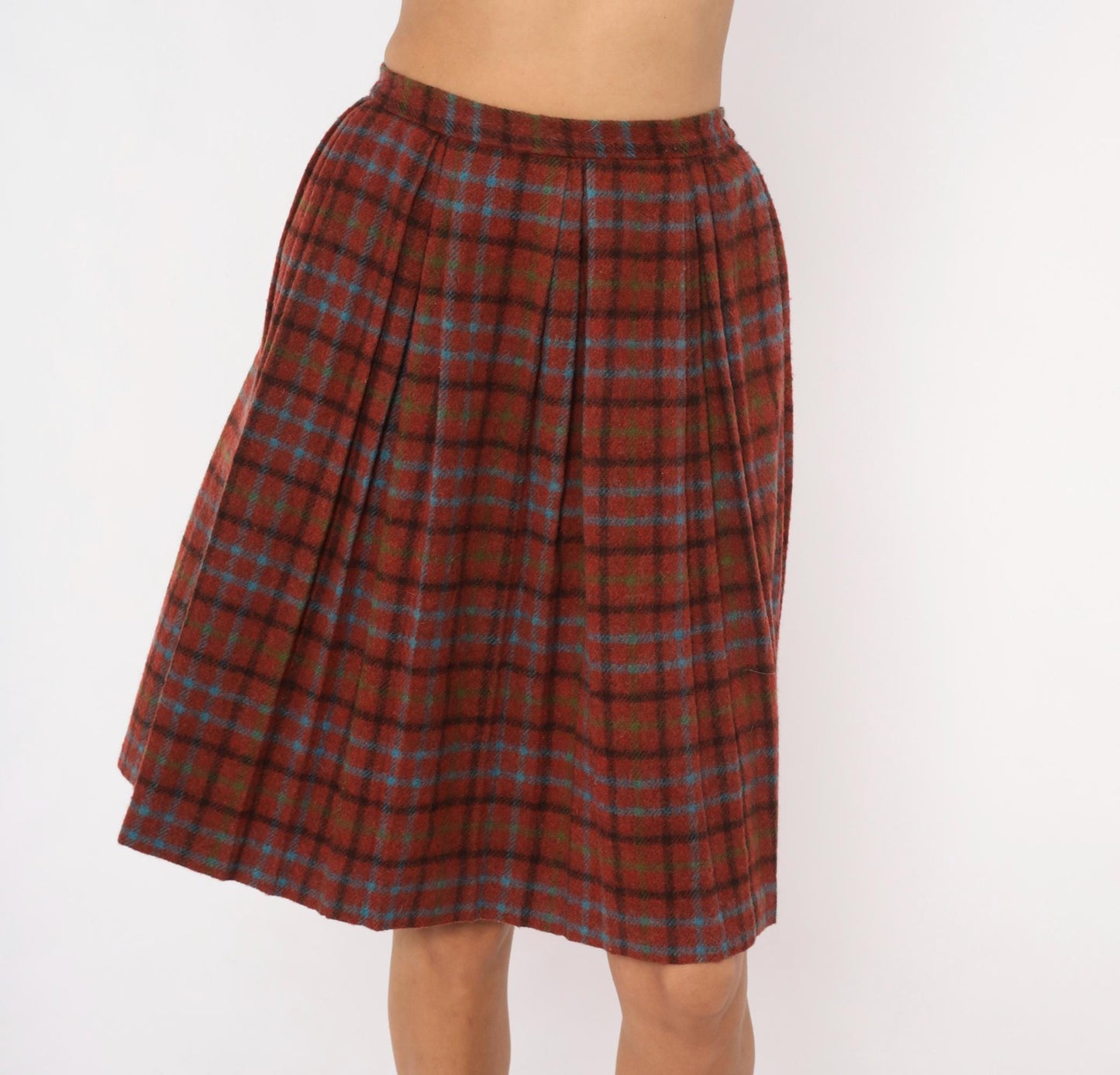 60s Mode O Day Wool Plaid Pleated Skirt Burgundy Tartan Knee-Length Extra Small XS