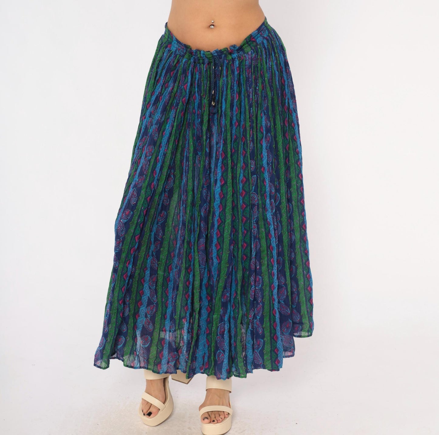 90s Via Max Broomstick Maxi Skirt Crushed Gauze Leaf Print Navy Multicolor Large L