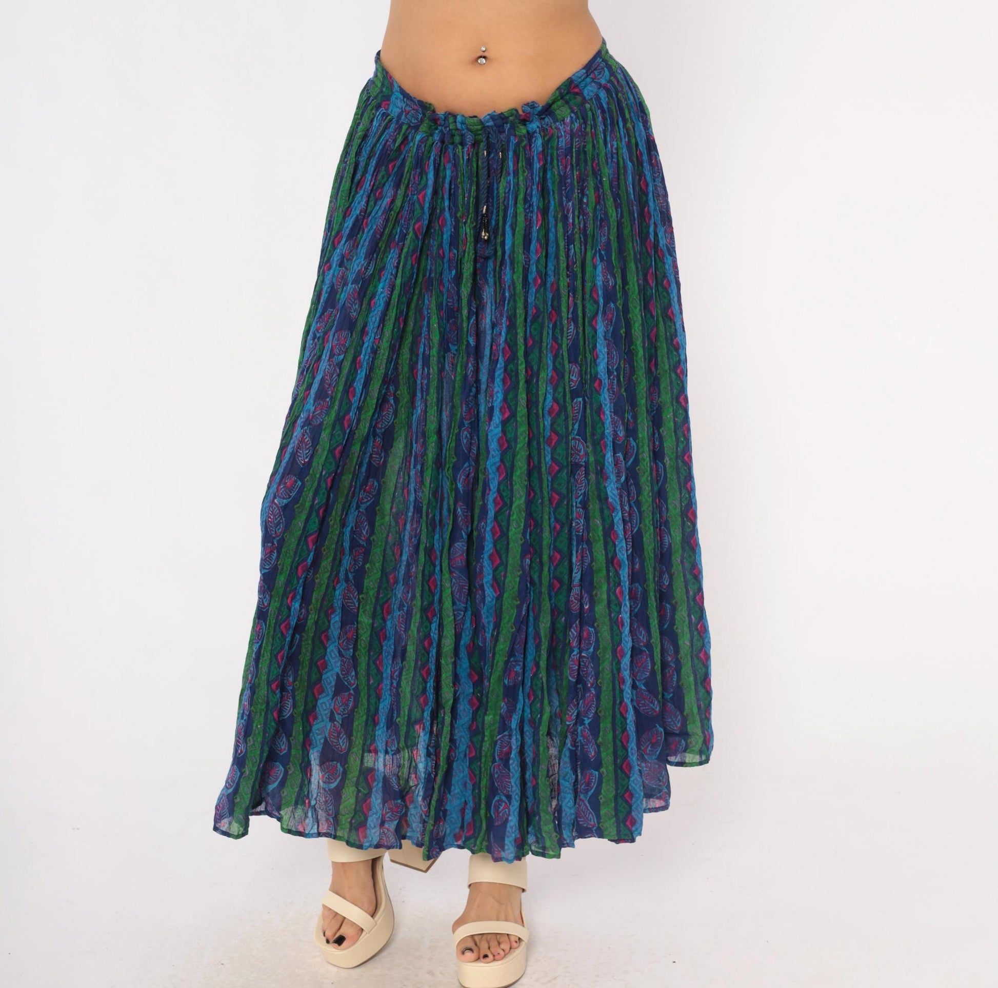 90s Via Max Broomstick Maxi Skirt Crushed Gauze Leaf Print Navy Multicolor Large L