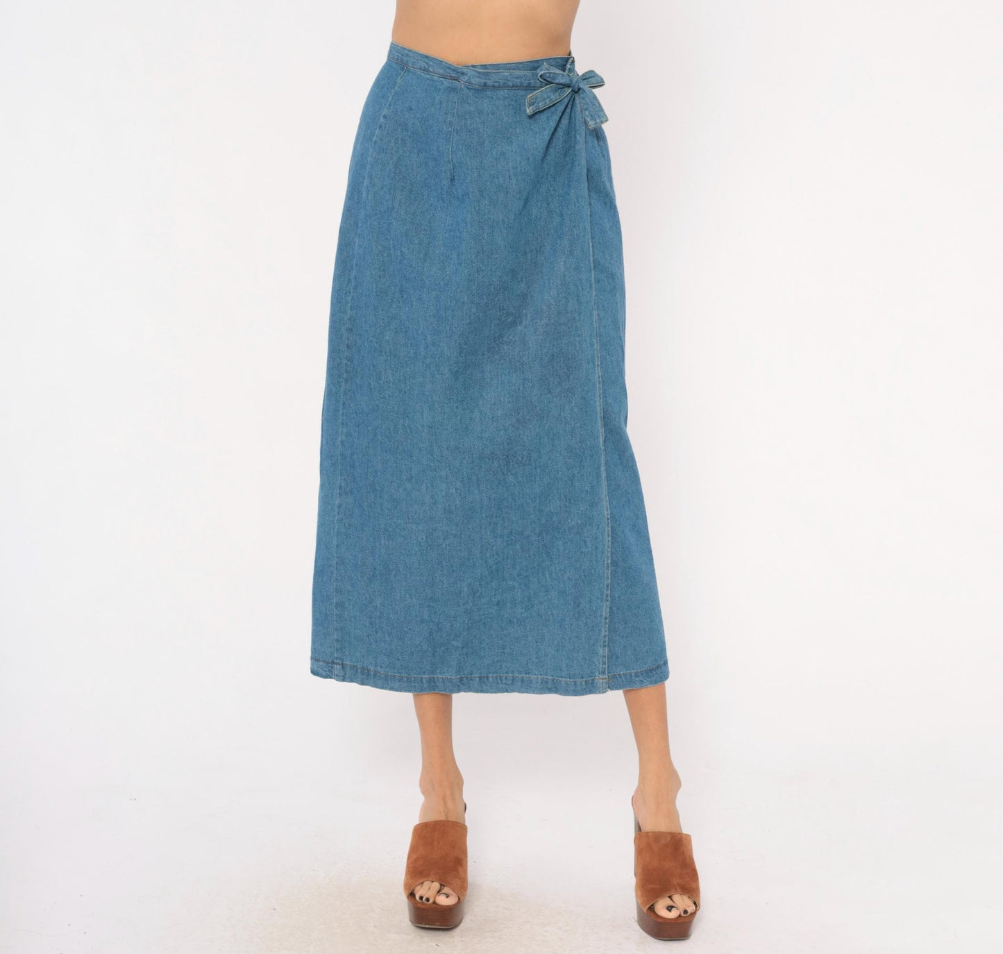 90s Founded 1989 Denim Wrap Skirt Midi Blue Chambray Cotton Extra Small
