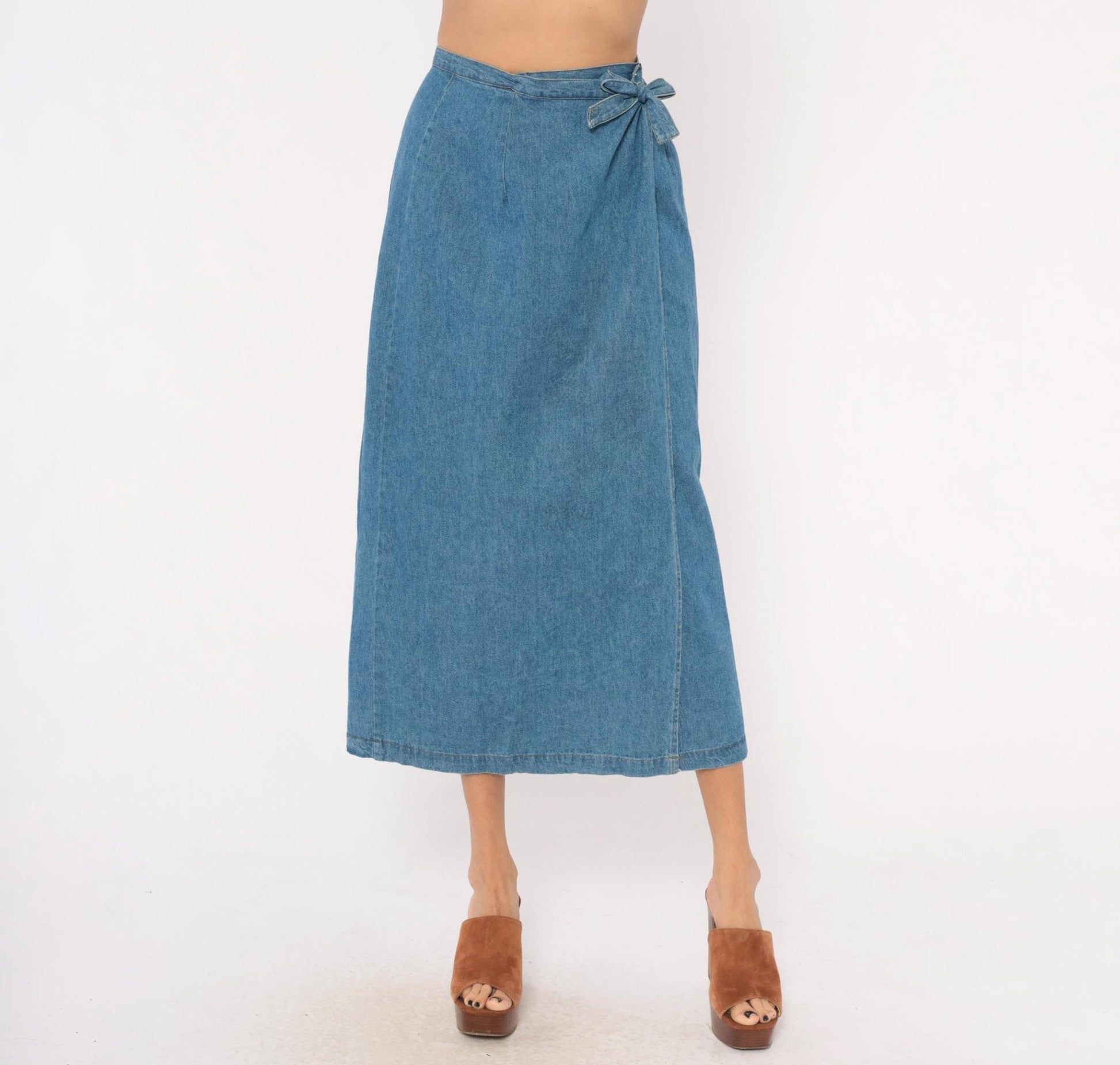 90s Founded 1989 Denim Wrap Skirt Midi Blue Chambray Cotton Extra Small