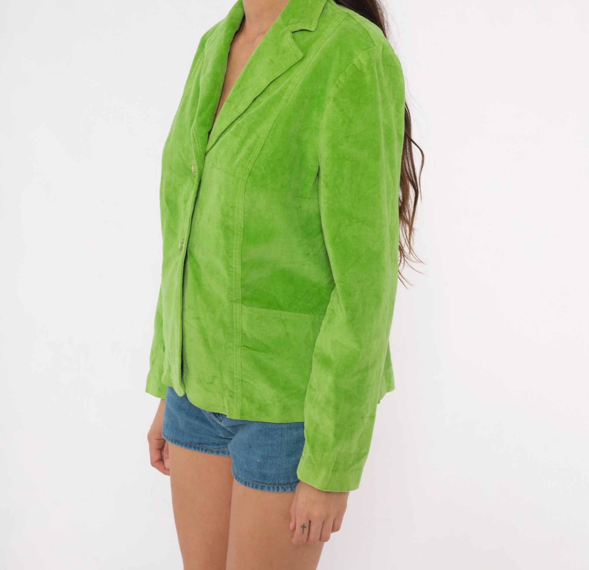2000s RQT Lime Green Velvet Blazer Cotton Fitted Two-Button Jacket Large L
