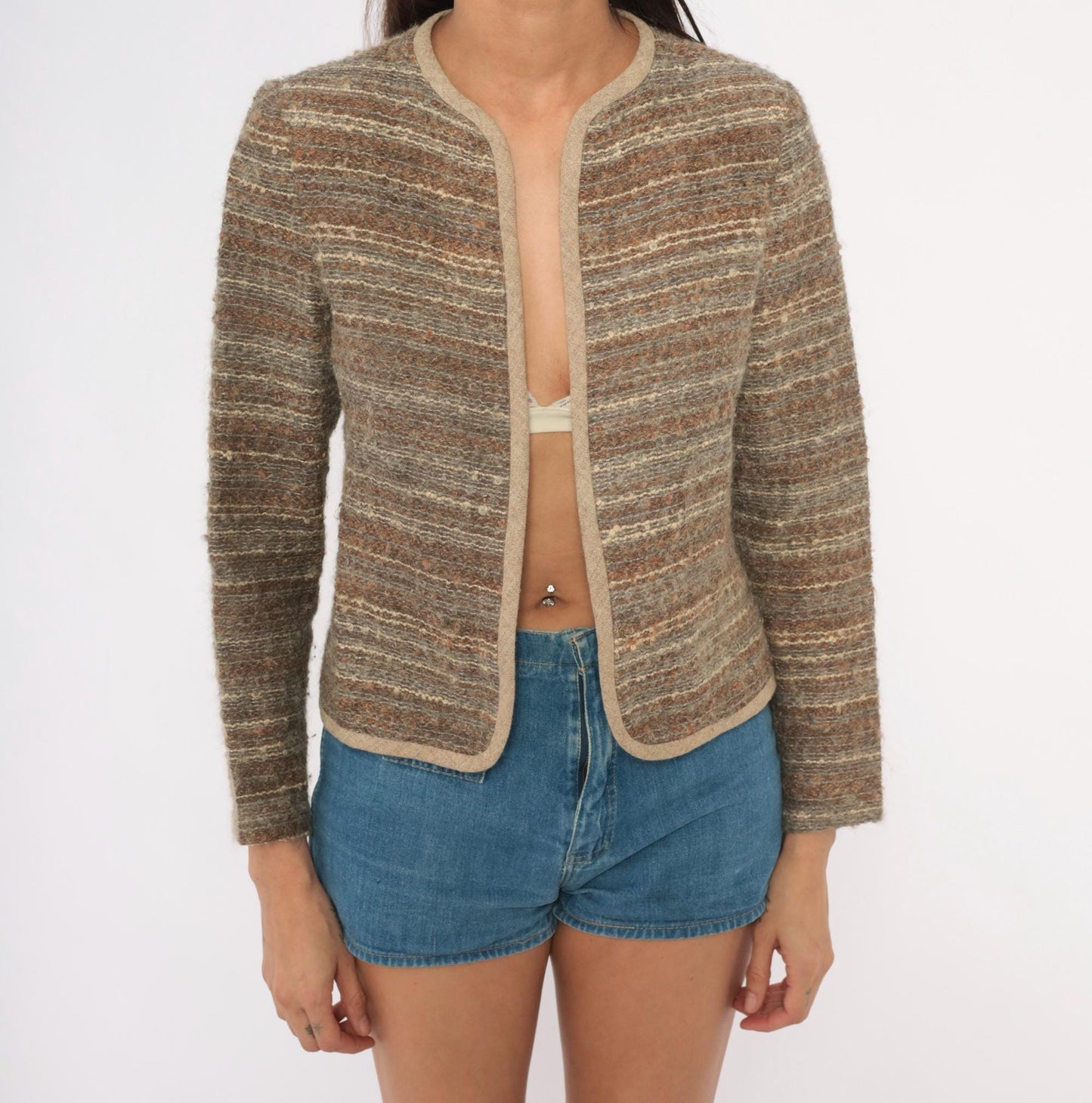 90s DW3 Bouclé Cardigan Tan Brown Cream Striped Wool Blend Cropped Small