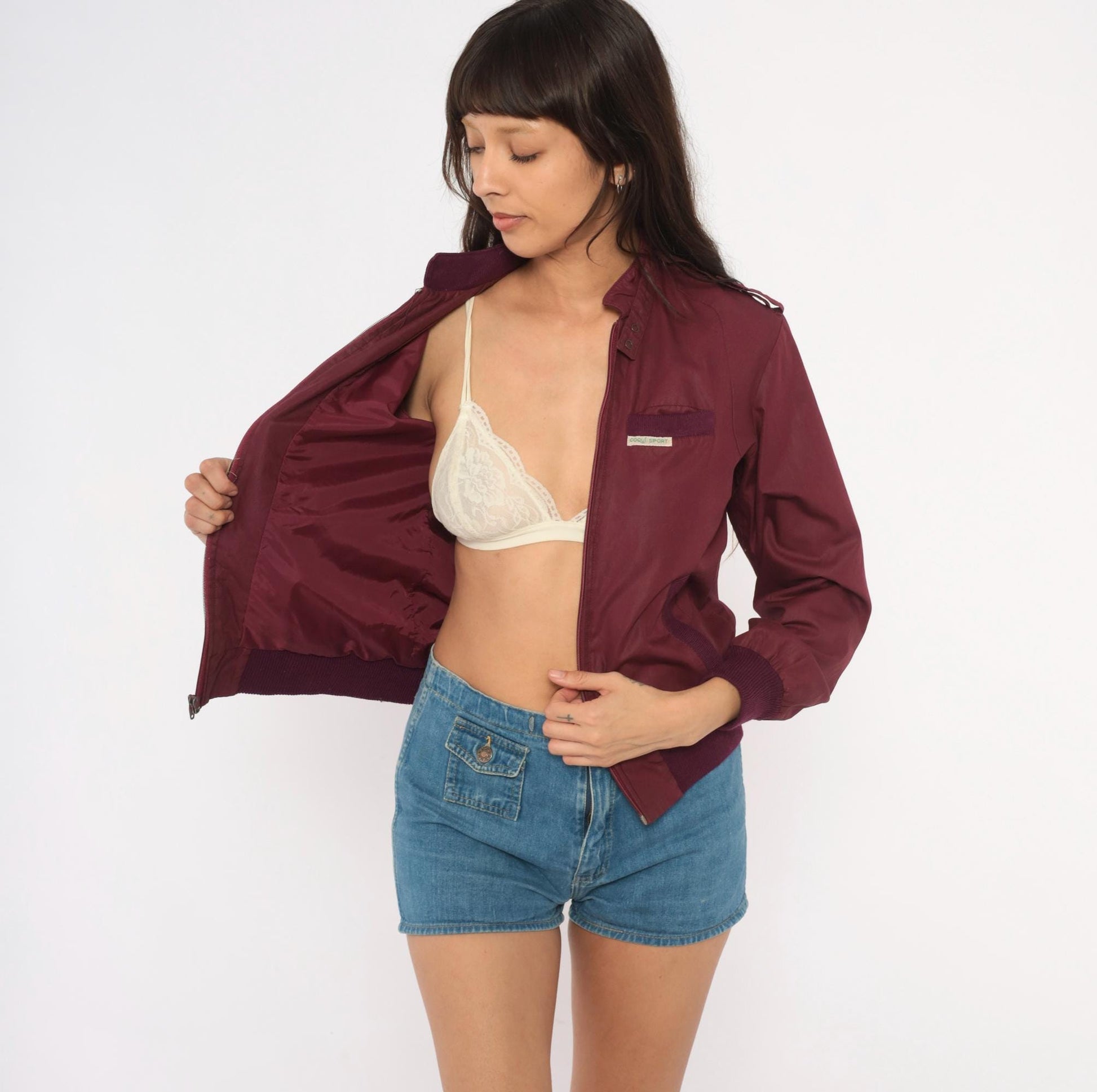 80s Coqui Sport Burgundy Bomber Jacket Ribbed Knit Epaulette Extra Small XS