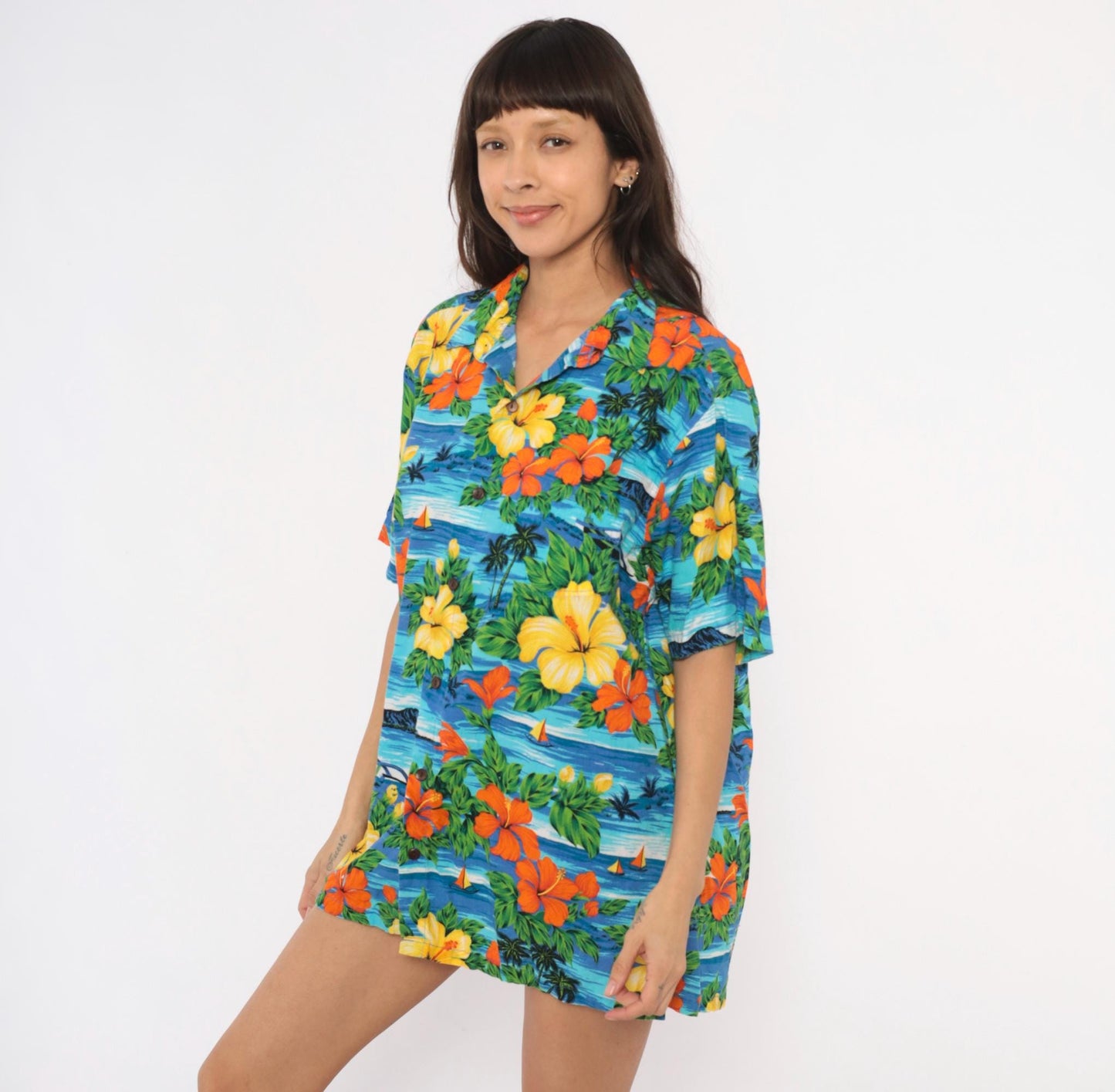 2000s Squish Wear Hawaiian Camp Collar Shirt Tropical Hibiscus Cotton Large L