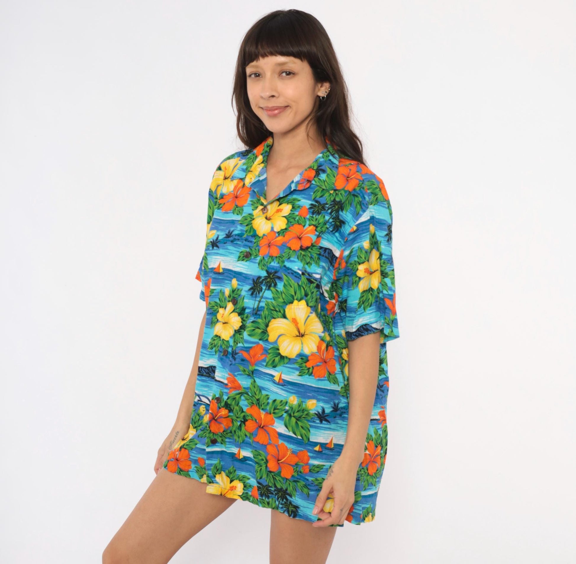 2000s Squish Wear Hawaiian Camp Collar Shirt Tropical Hibiscus Cotton Large L