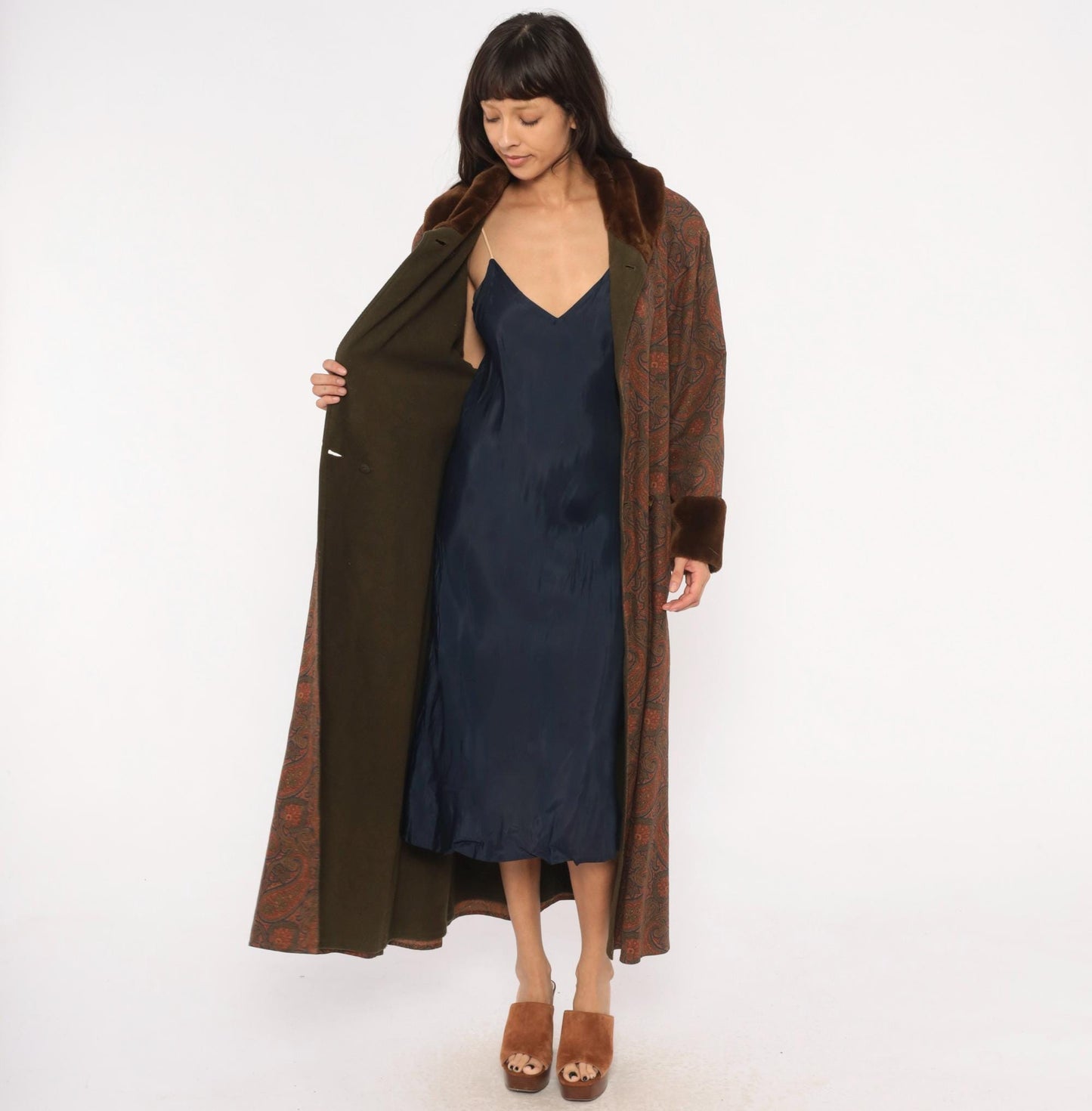 1970s Bill Blass Paisley Wool Maxi Coat Fur Collar Brown Olive Medium M