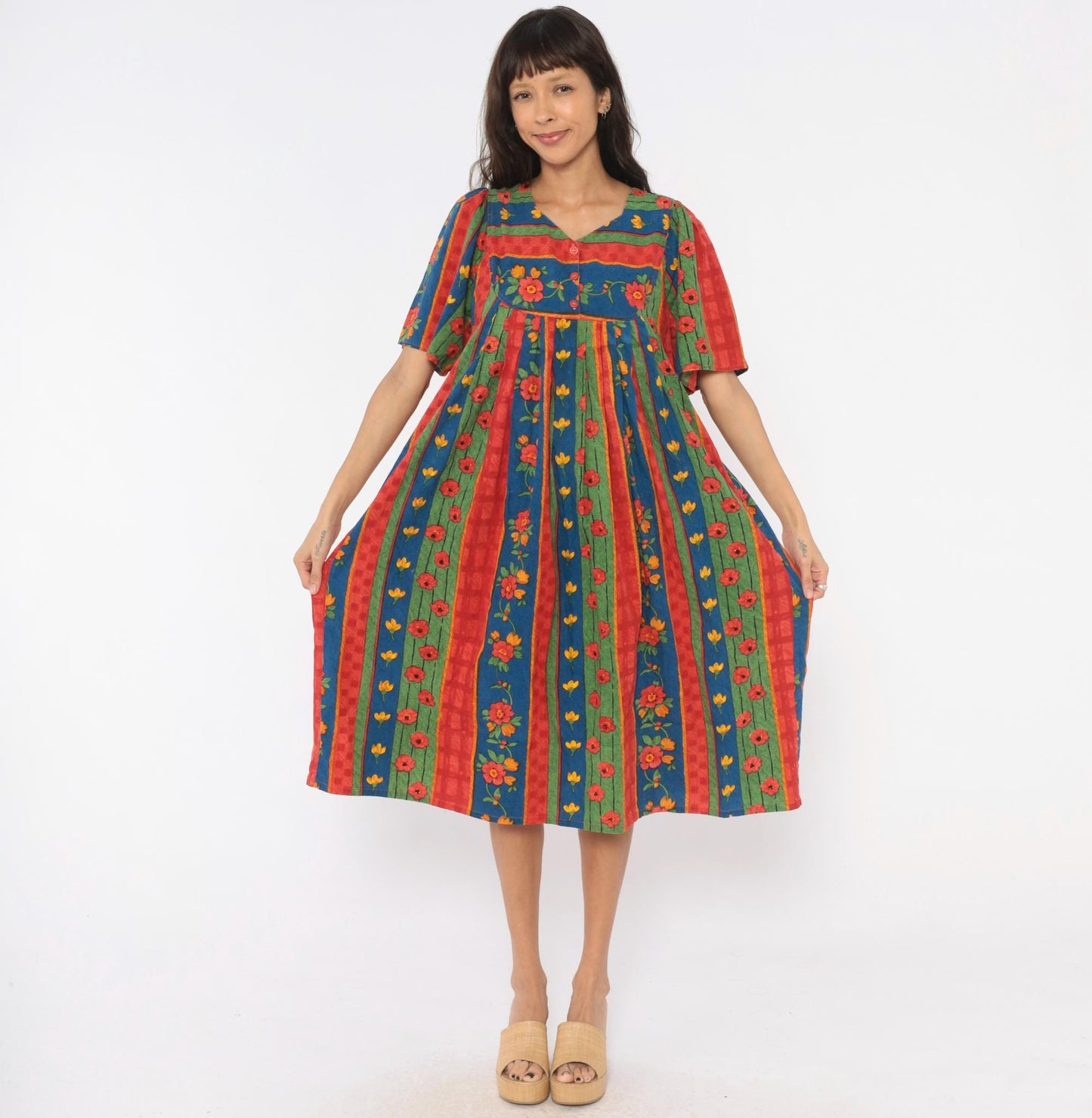 90s Floral Striped Cotton Empire Waist Dress Puff Sleeve Red Blue Green Medium