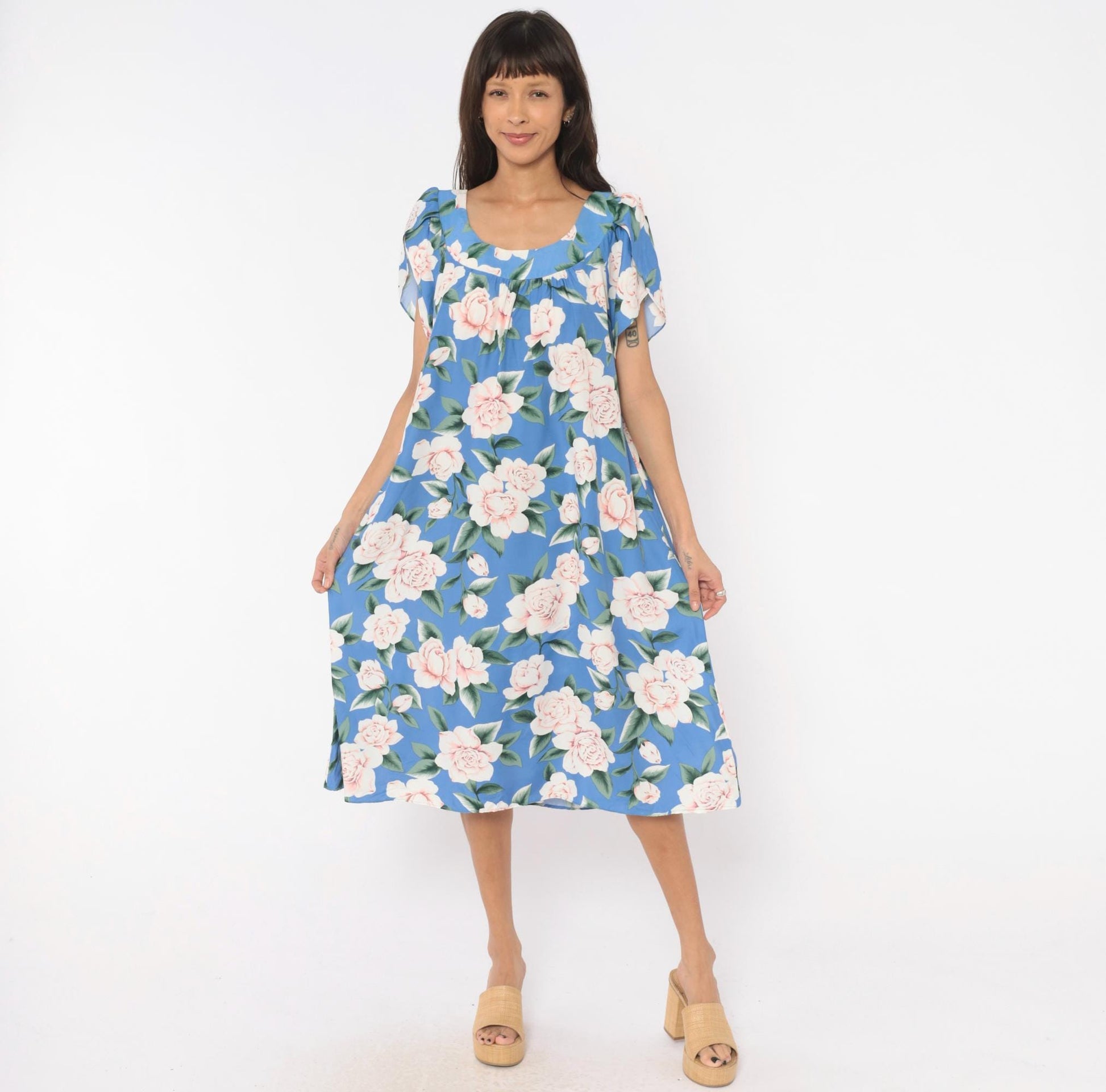 90s Paradise Bay Muumuu Midi Dress Blue Pink Rose Floral Puff Sleeve Large L