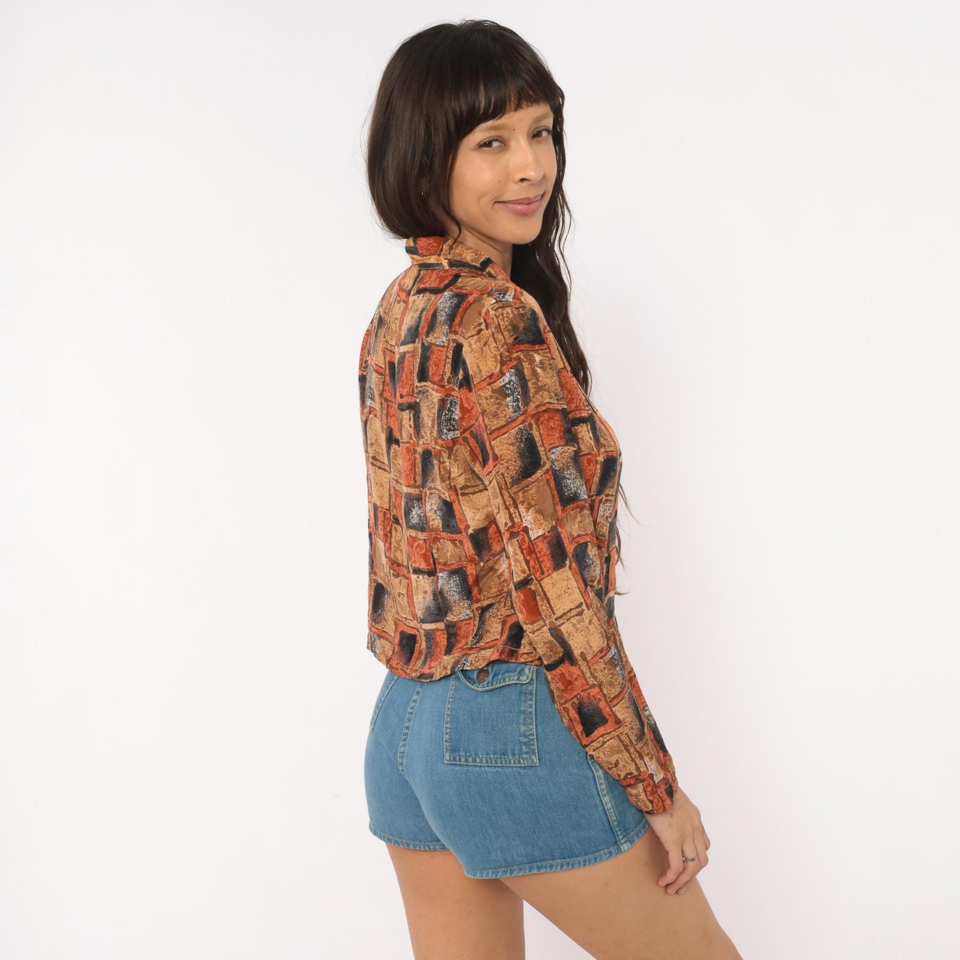 90s Quo-Silk Abstract Geometric Silk Blouse Cropped Rust Tan Small S