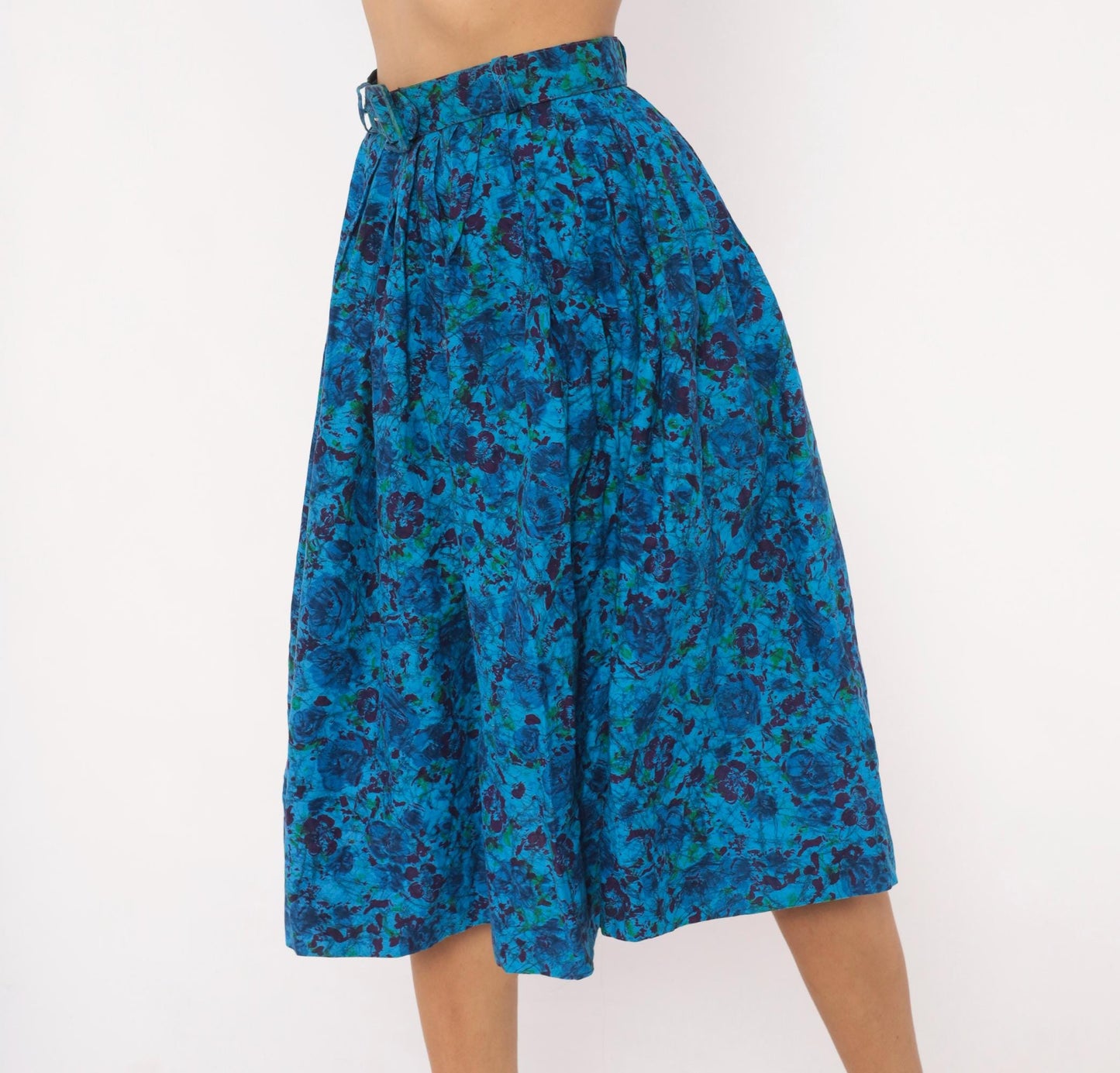 60s Batik Floral Pleated Skirt Cobalt Blue Purple Cotton High Waist Extra Small XS