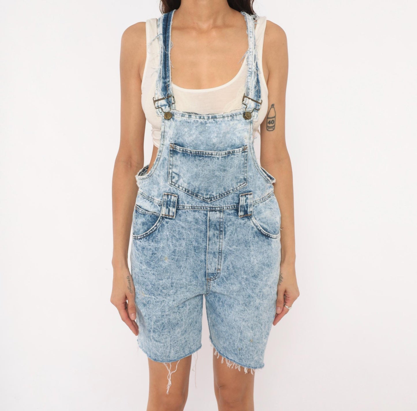 90s Weathered Blues Acid Wash Denim Shortalls Light Blue Cotton Small S