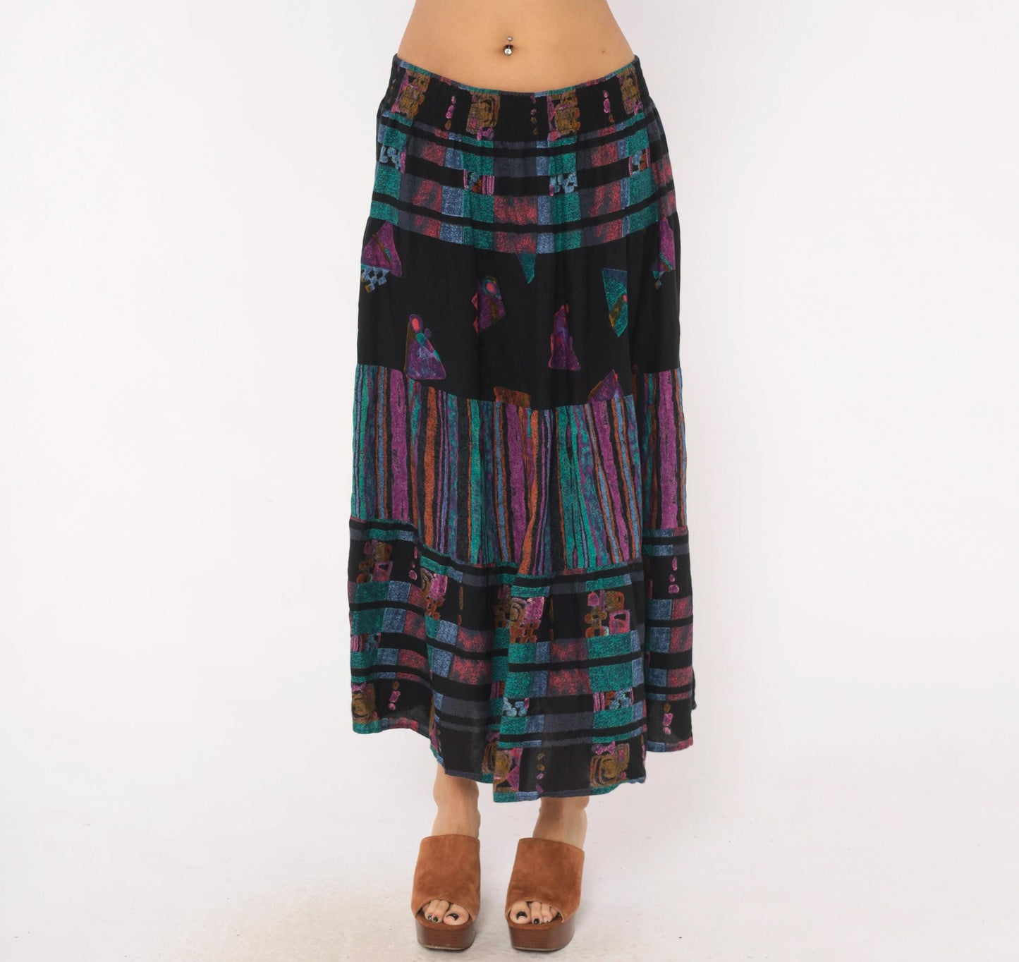 90s Adrian Jordan Tiered Maxi Skirt Black Teal Purple Geometric Plus Size XXL