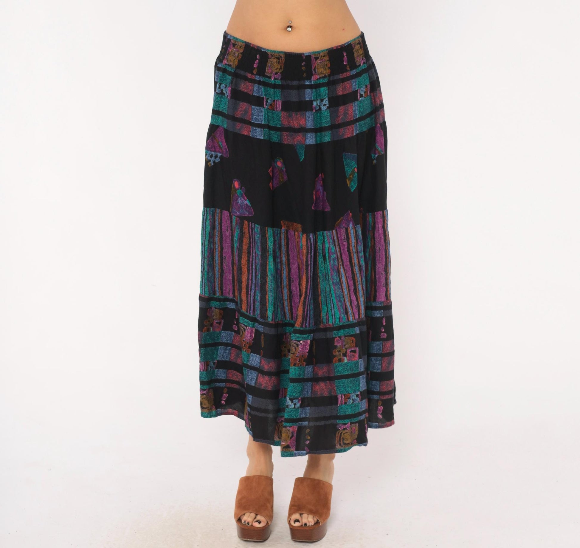 90s Adrian Jordan Tiered Maxi Skirt Black Teal Purple Geometric Plus Size XXL