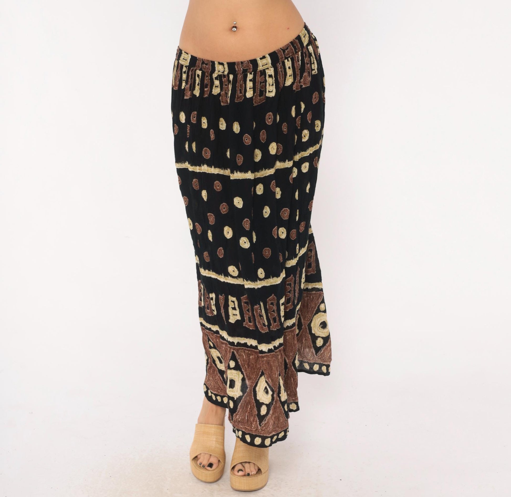 90s Bila Maxi Skirt Black Brown Batik Tribal Geometric Print Extra Large