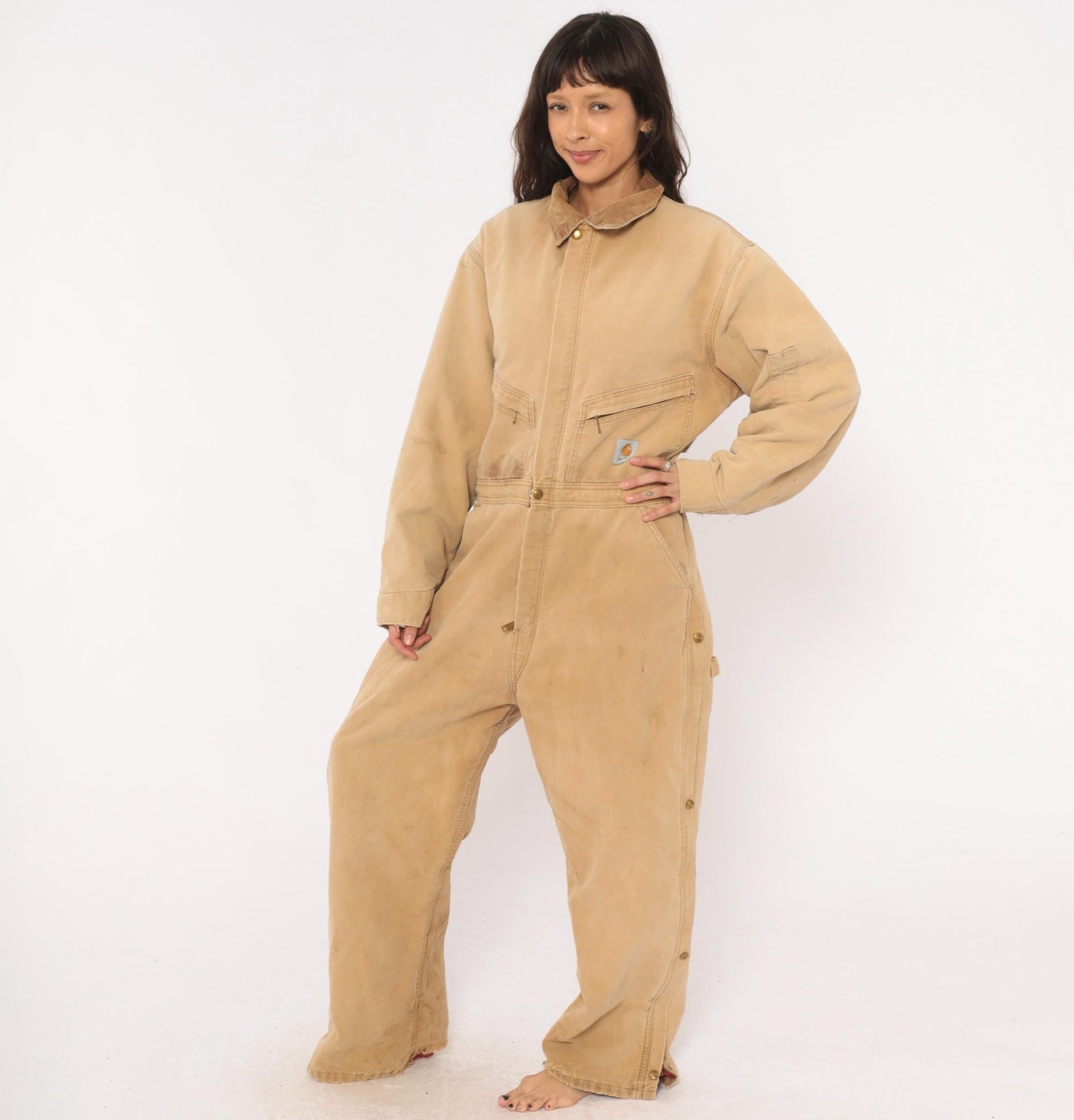 90s Carhartt Insulated Duck Canvas Coveralls Tan Distressed XXL
