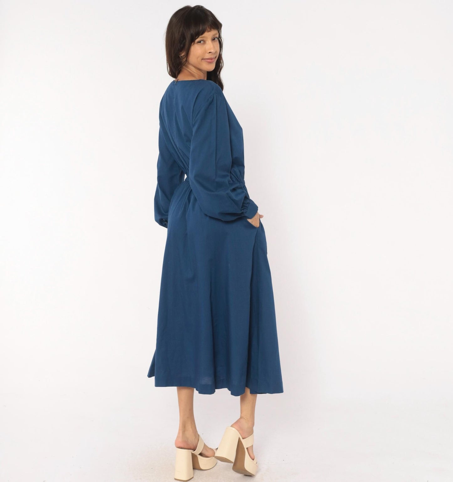 80s Navy Cotton Midi Dress Balloon Sleeve Elastic Waist Small Medium