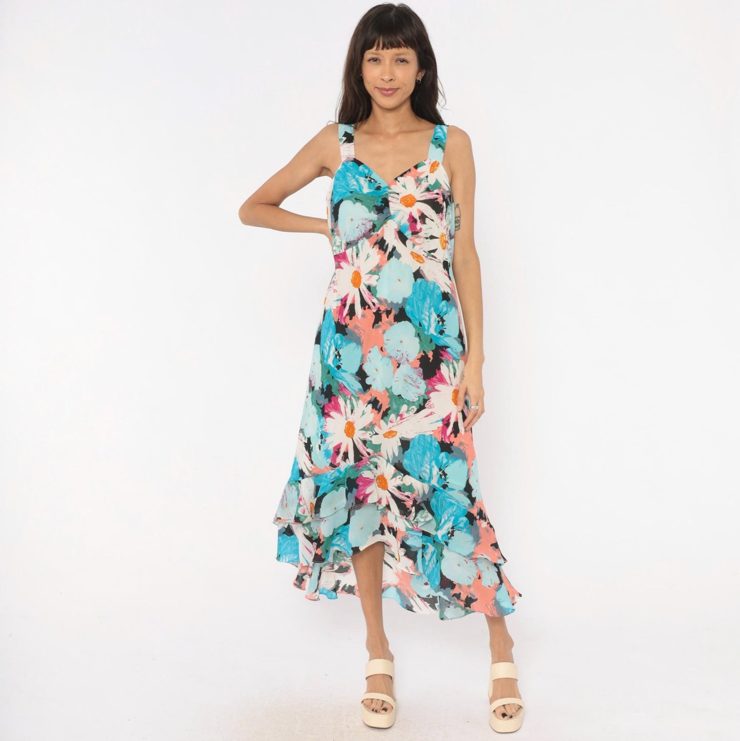 2000s Dress U Floral Maxi Sundress Aqua Pink Daisy V-Neck Plus Size XXL