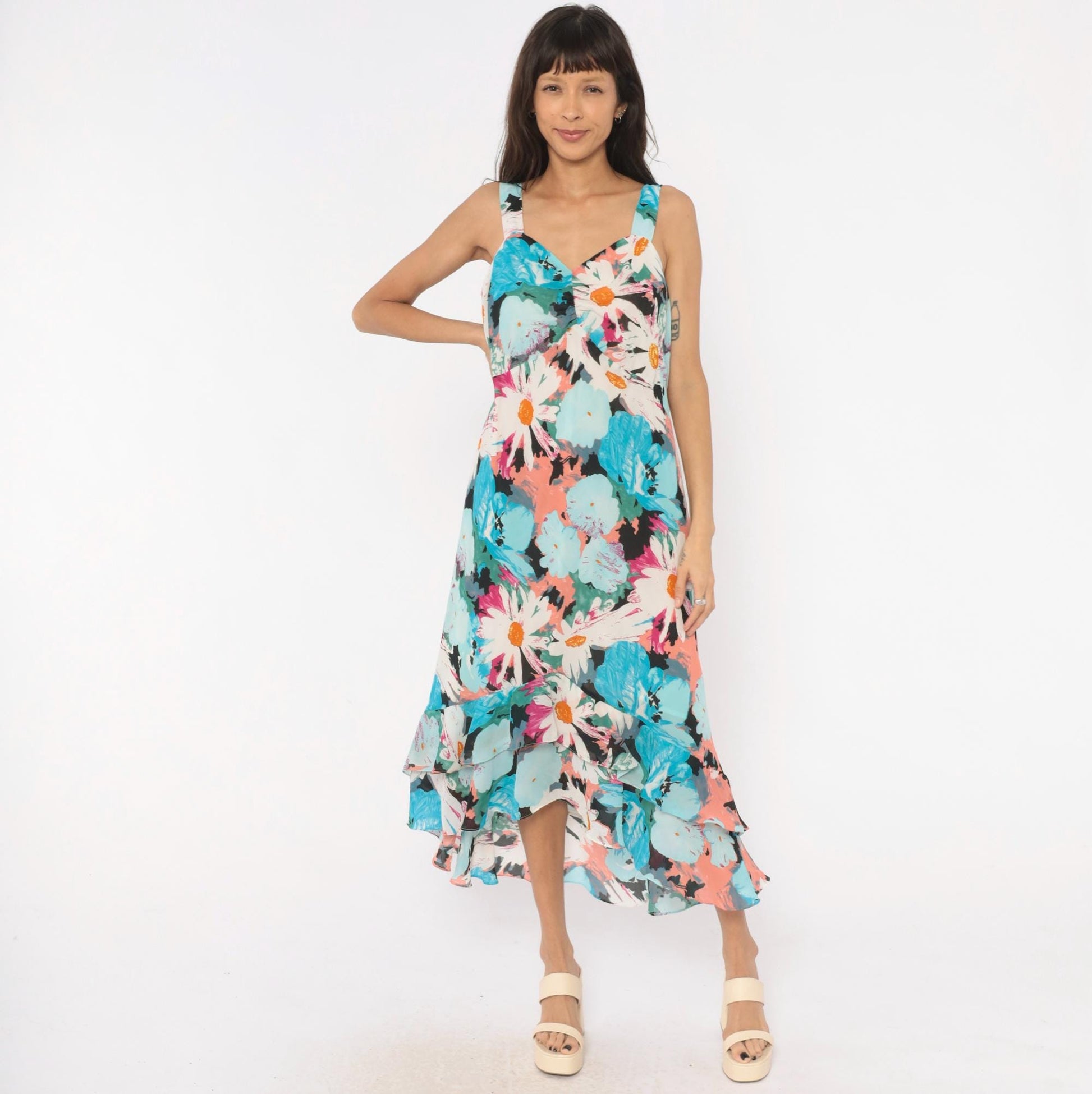 2000s Dress U Floral Maxi Sundress Aqua Pink Daisy V-Neck Plus Size XXL