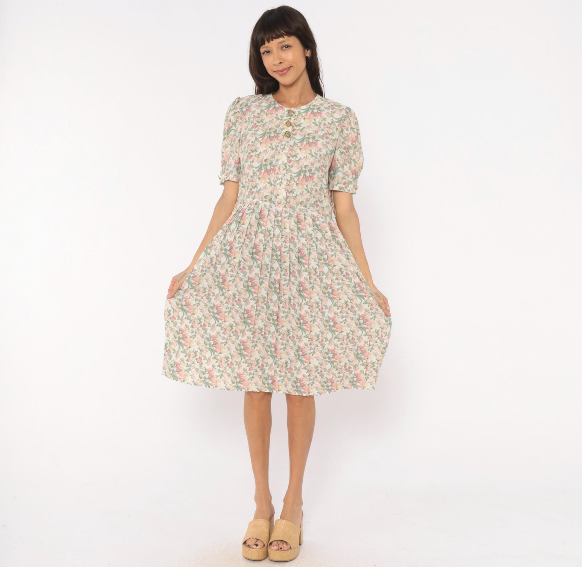 80s Jenny Petites Floral Puff Sleeve Dress Cream Pink Sage Small