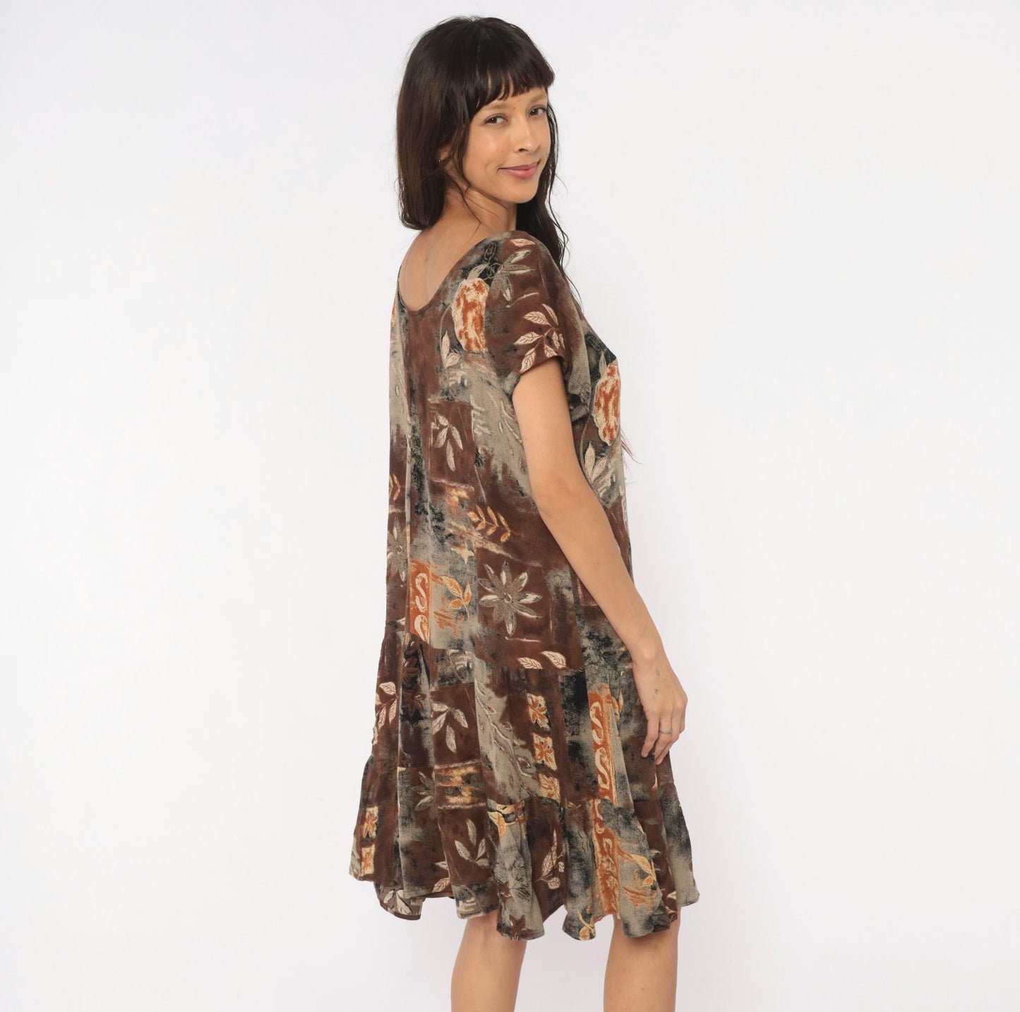 90s Island Attitude Botanical Patchwork Drop Waist Dress Brown Medium M
