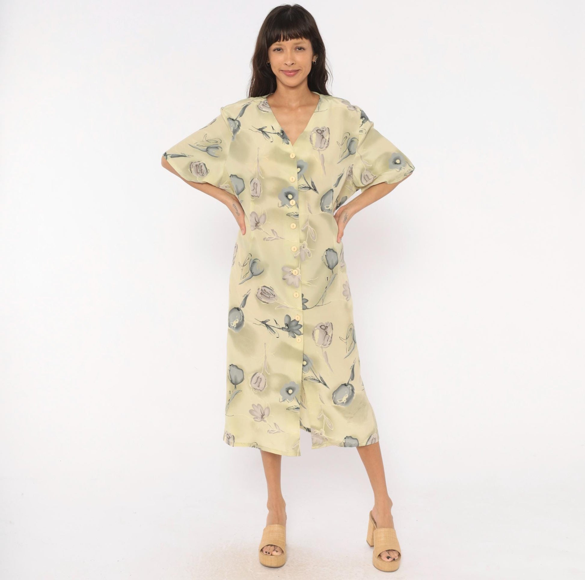 90s Voir Floral Button Front Midi Dress Olive Watercolor Print Plus Size XXL