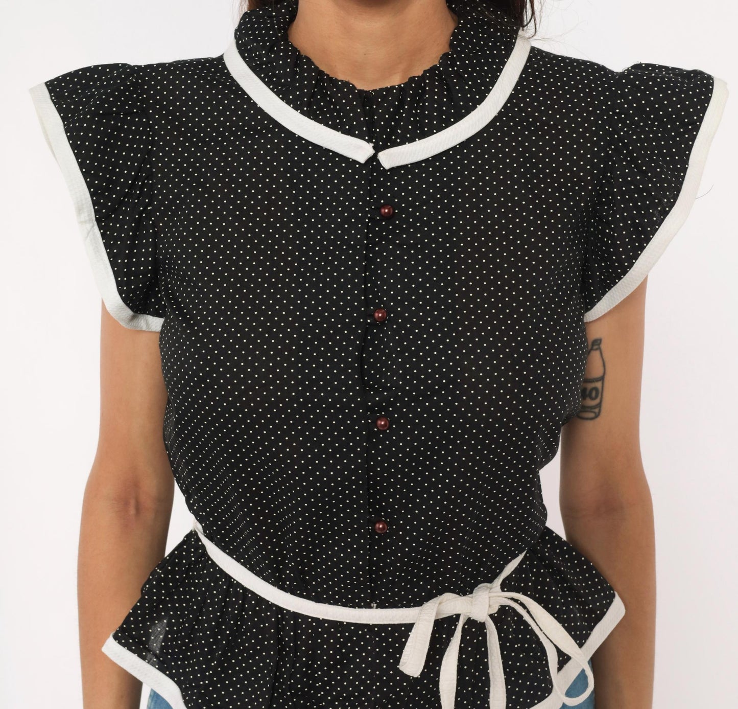 70s Caron Black White Polka Dot Peplum Blouse Flutter Sleeve Small