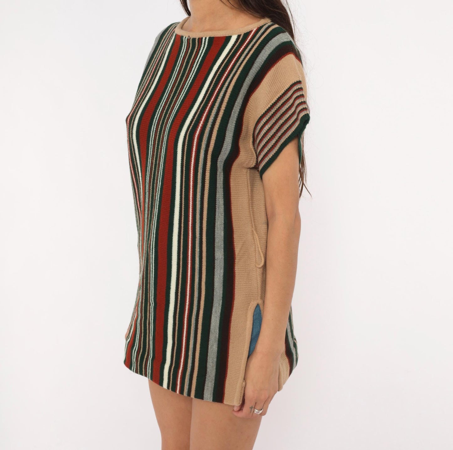 70s Exclusive Designs Striped Knit Tunic Burgundy Olive Cream Small