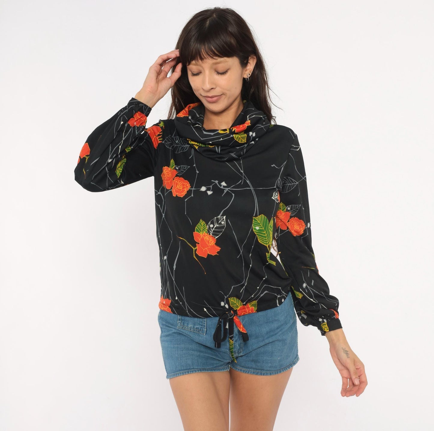 70s Lady Manhattan Cowl Neck Blouse Black Orange Rose Print Long Sleeve Small