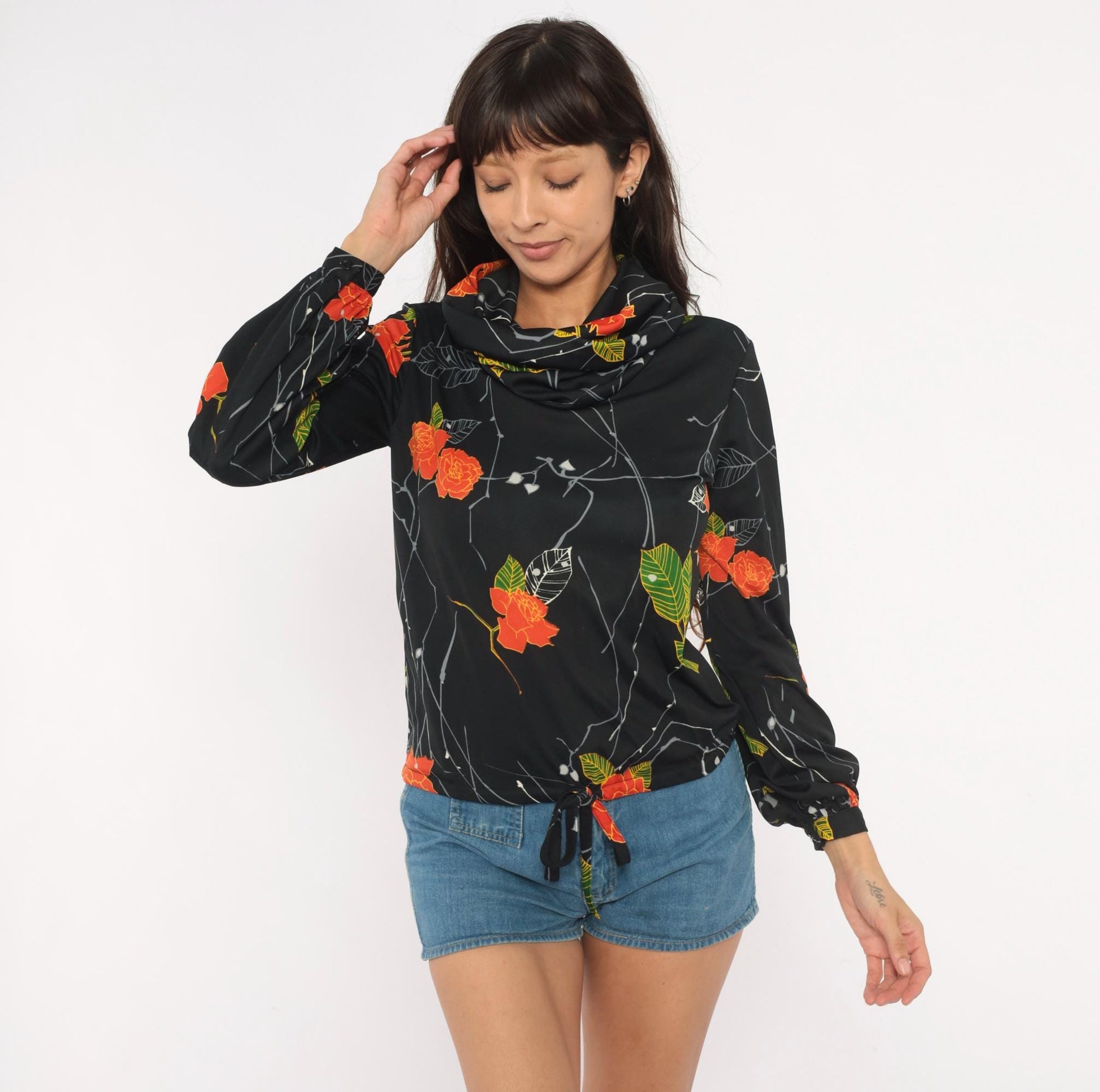 70s Lady Manhattan Cowl Neck Blouse Black Orange Rose Print Long Sleeve Small