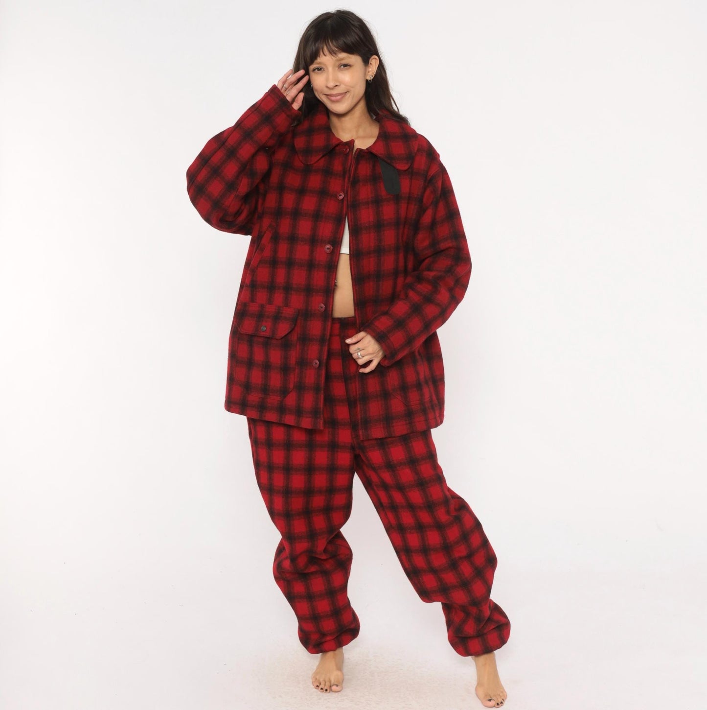 80s Woolrich Buffalo Plaid Wool Hunting Jacket Black Red Peter Pan Collar Large L