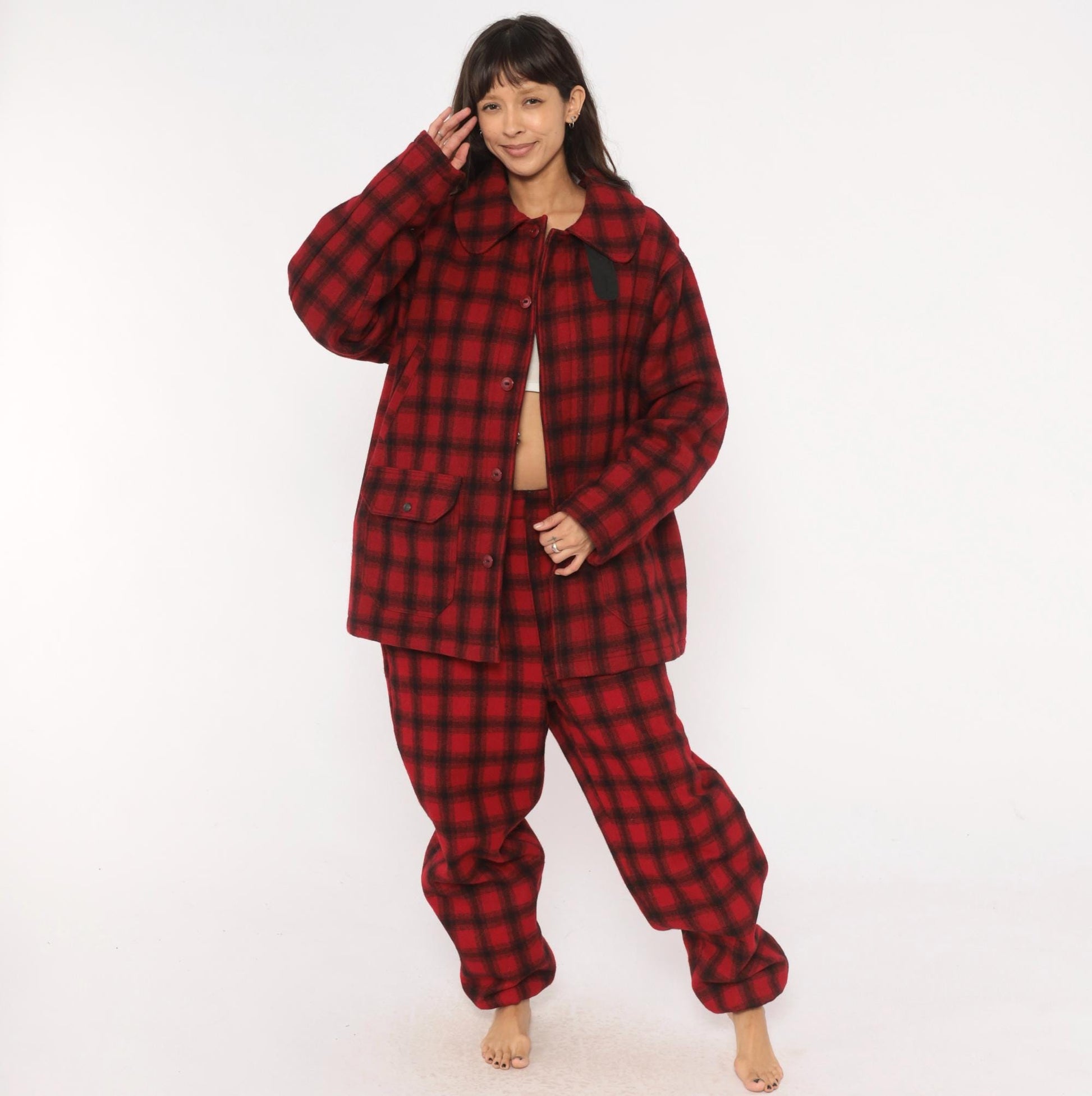80s Woolrich Buffalo Plaid Wool Hunting Jacket Black Red Peter Pan Collar Large L