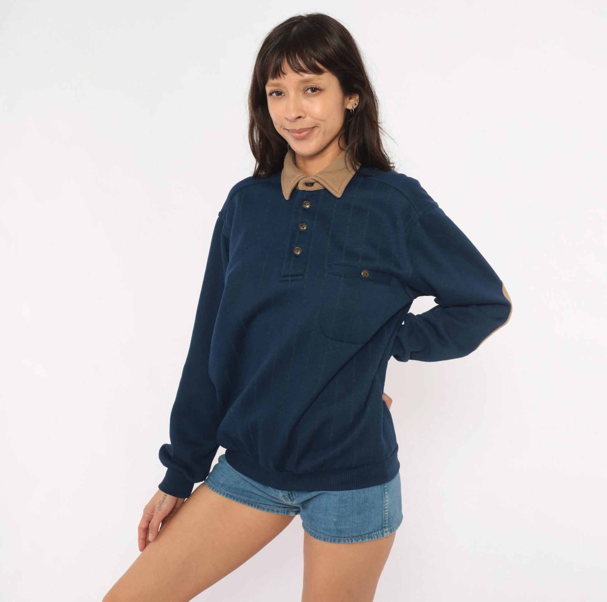 90s Scandia Woods Navy Polo Sweater Tan Elbow Patches Henley Medium M