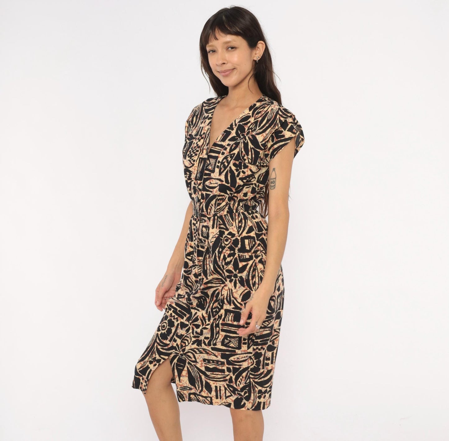 80s Tapa Print Dress Black Tan V-Neck Cotton Tropical Floral Pencil Small