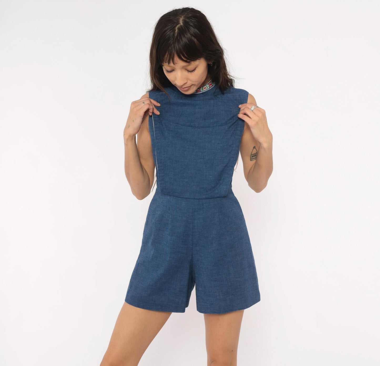 60s Navy Chambray Romper Embroidered Folk Floral Mock Neck Playsuit XS
