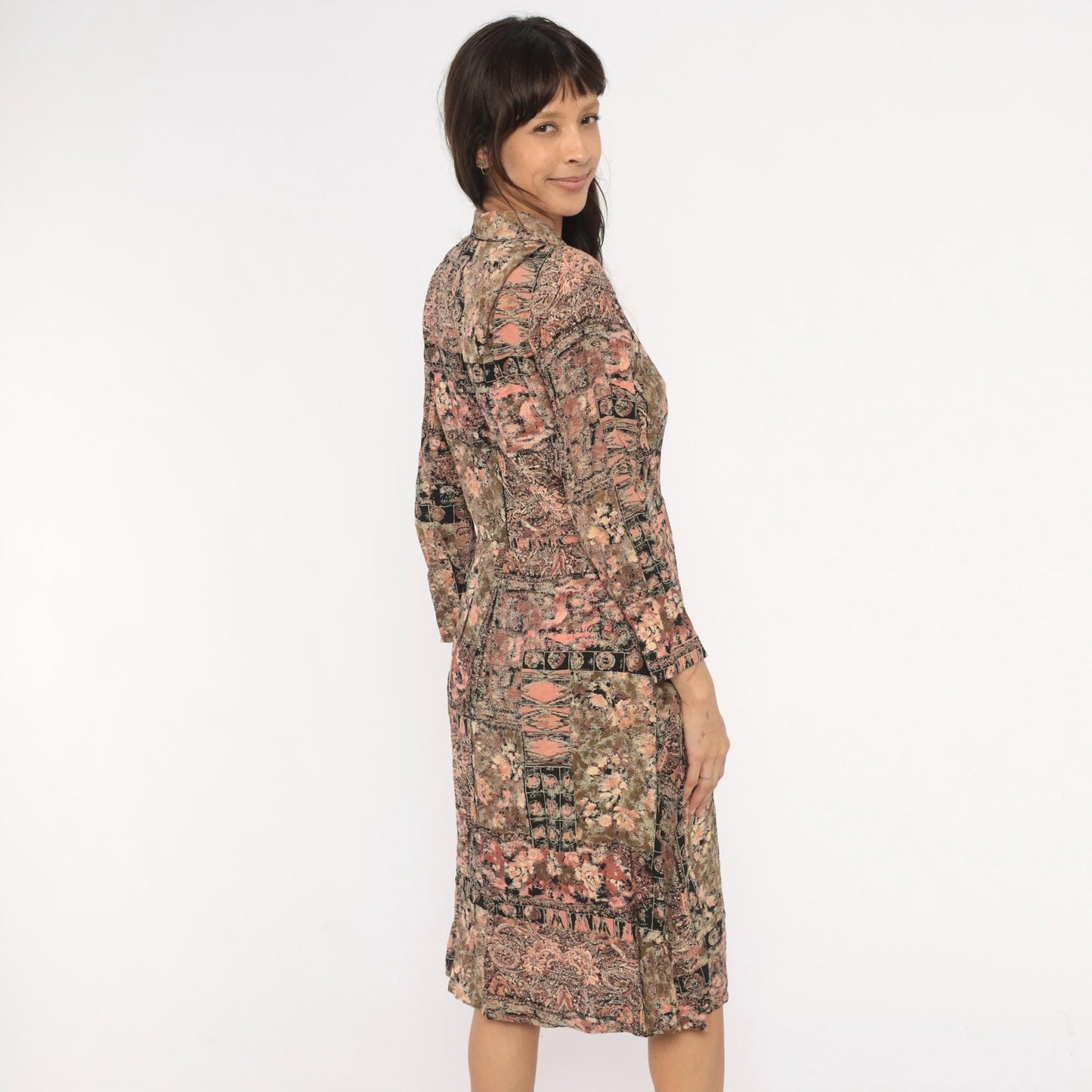 90s Patchwork Floral Midi Dress Paisley Mixed Print Pink Black Olive Small