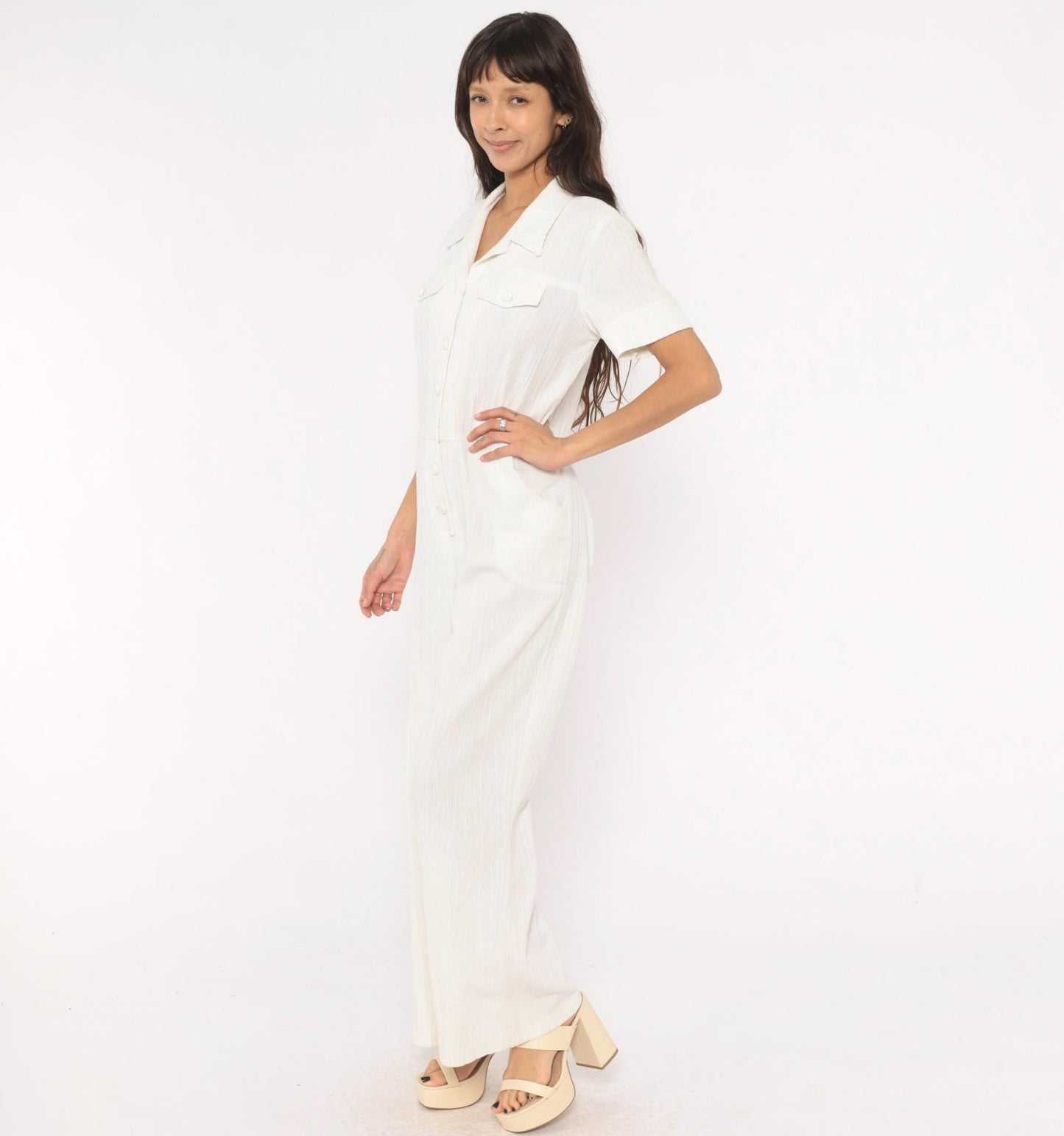 70s White Cotton Linen Jumpsuit Button Front Wide Leg Camp Collar Medium M