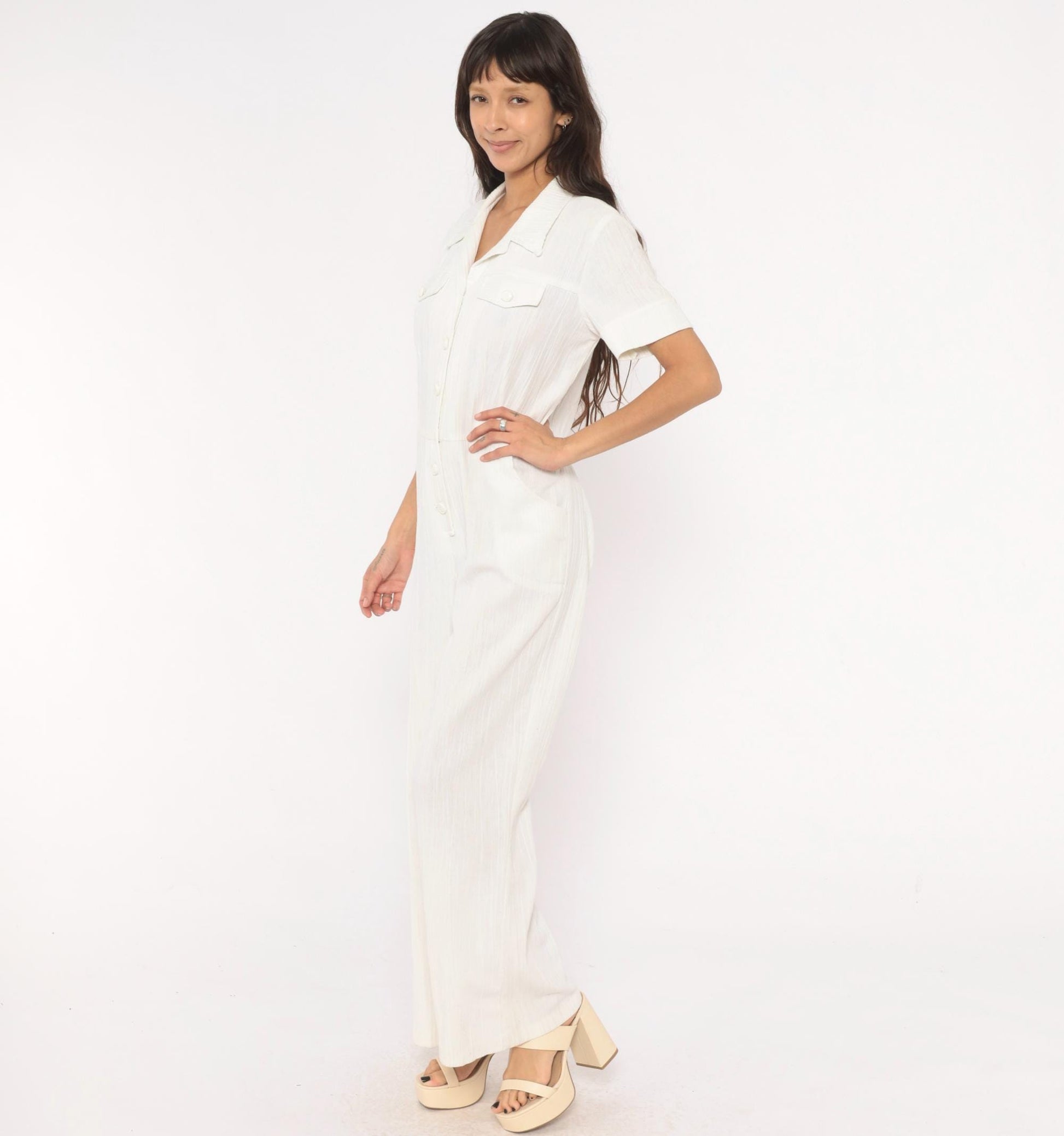 70s White Cotton Linen Jumpsuit Button Front Wide Leg Camp Collar Medium M